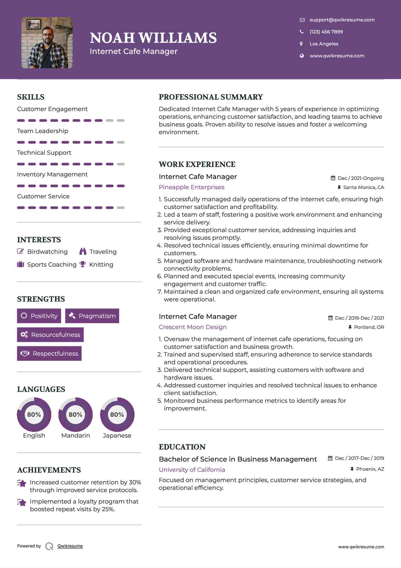 Internet Cafe Manager Resume Sample
