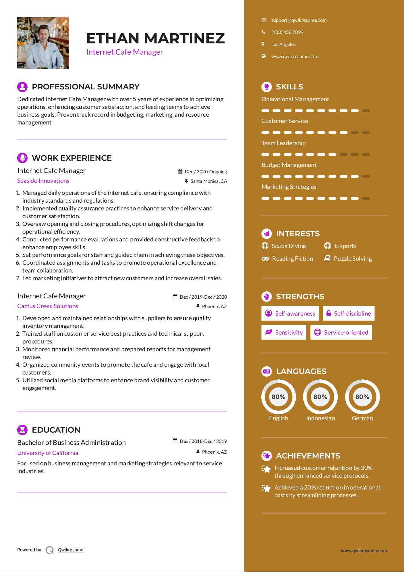 Internet Cafe Manager Resume Template