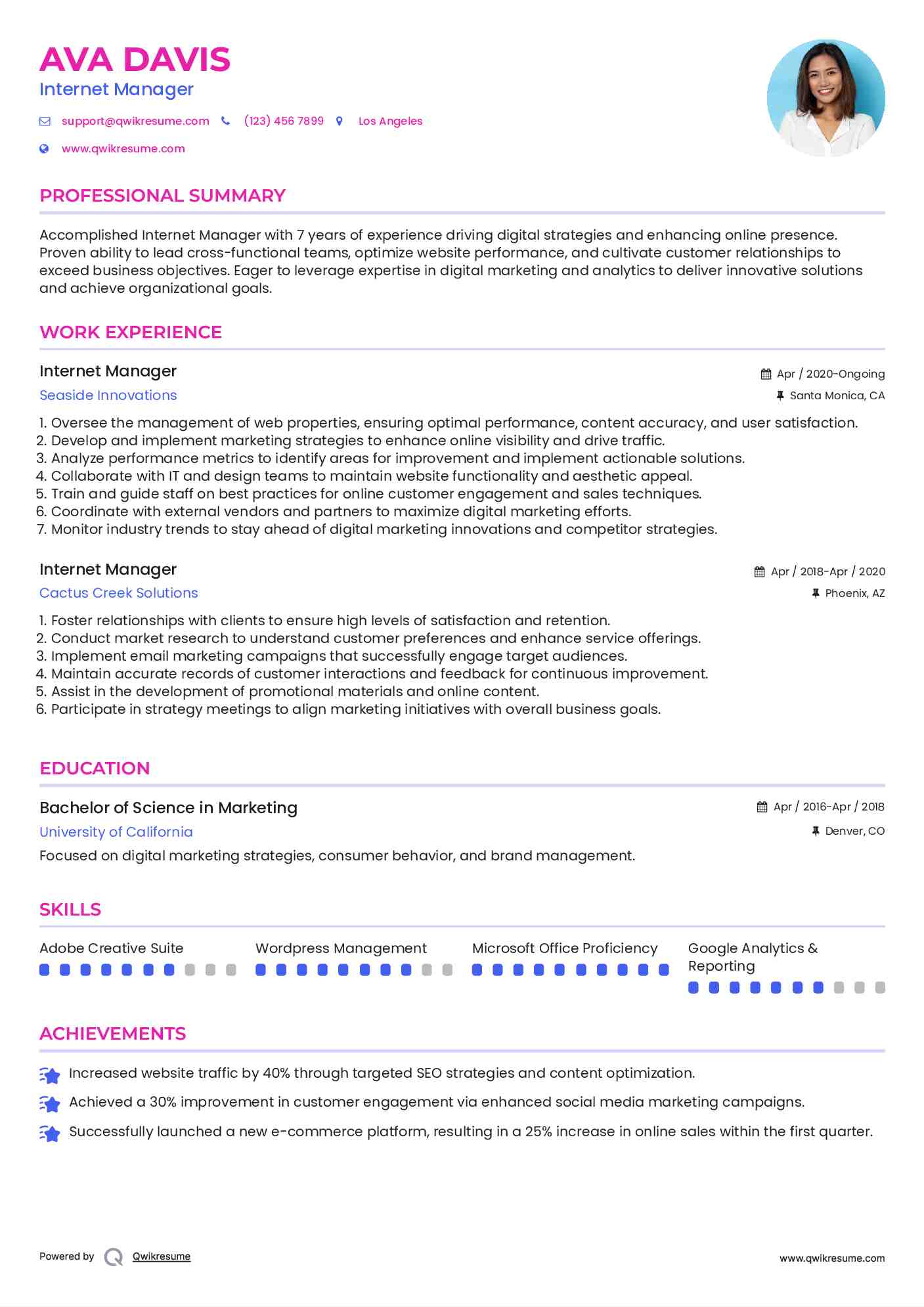 Internet Manager Resume Example