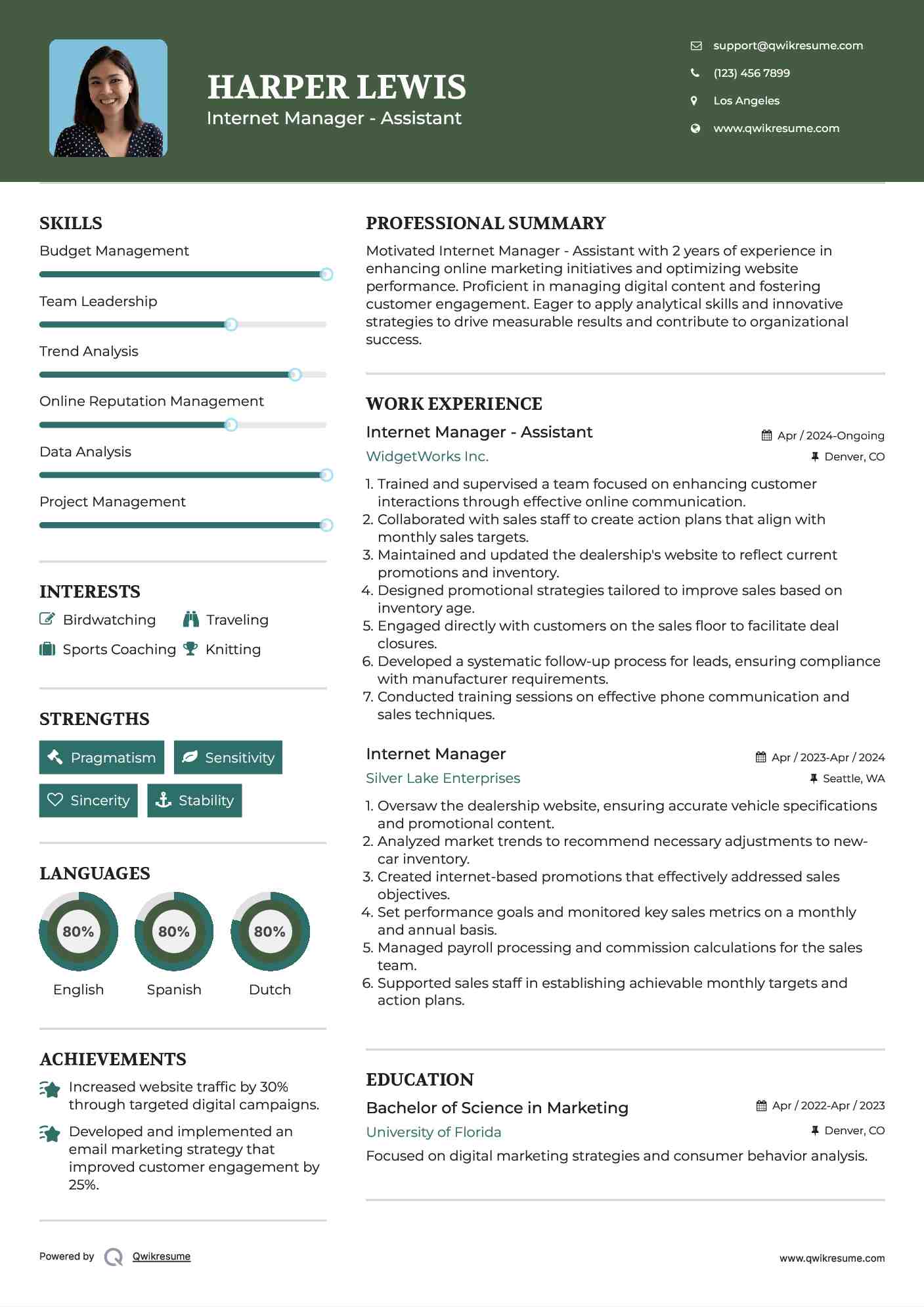 Internet Manager - Assistant Resume Format