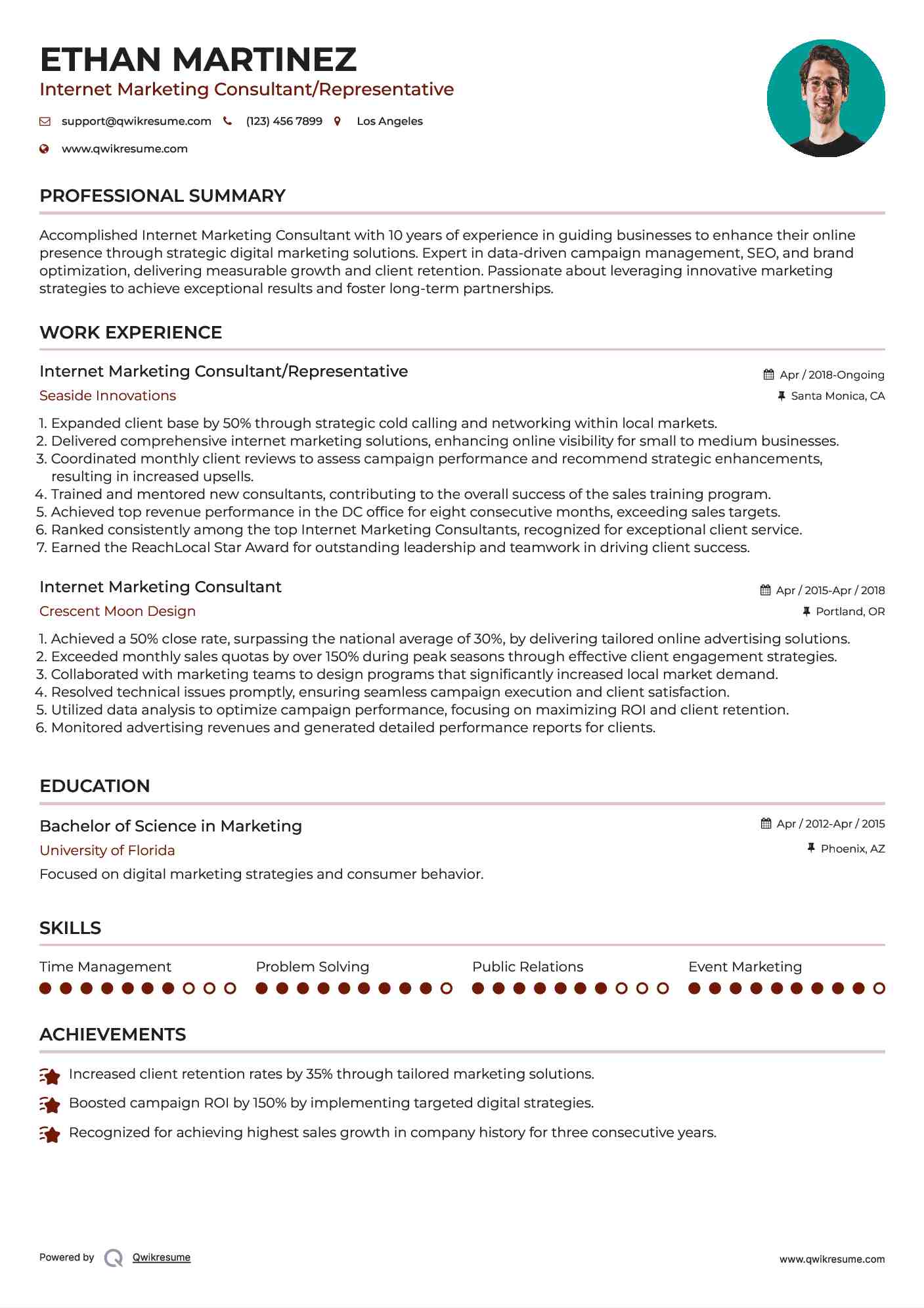 Internet Marketing Consultant/Representative Resume Model