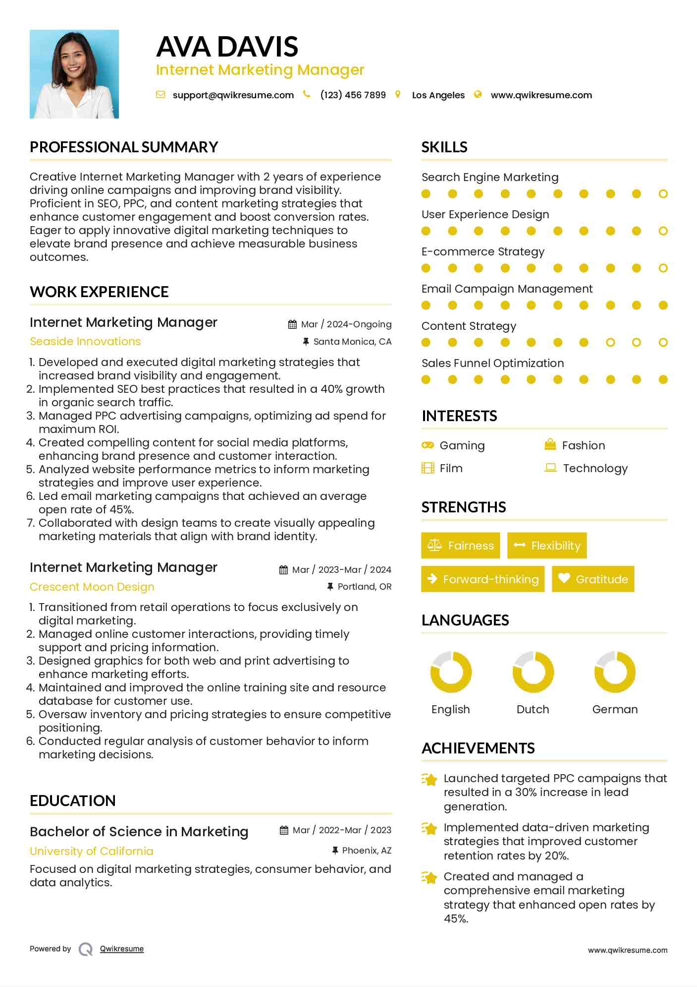 Internet Marketing Manager Resume Example