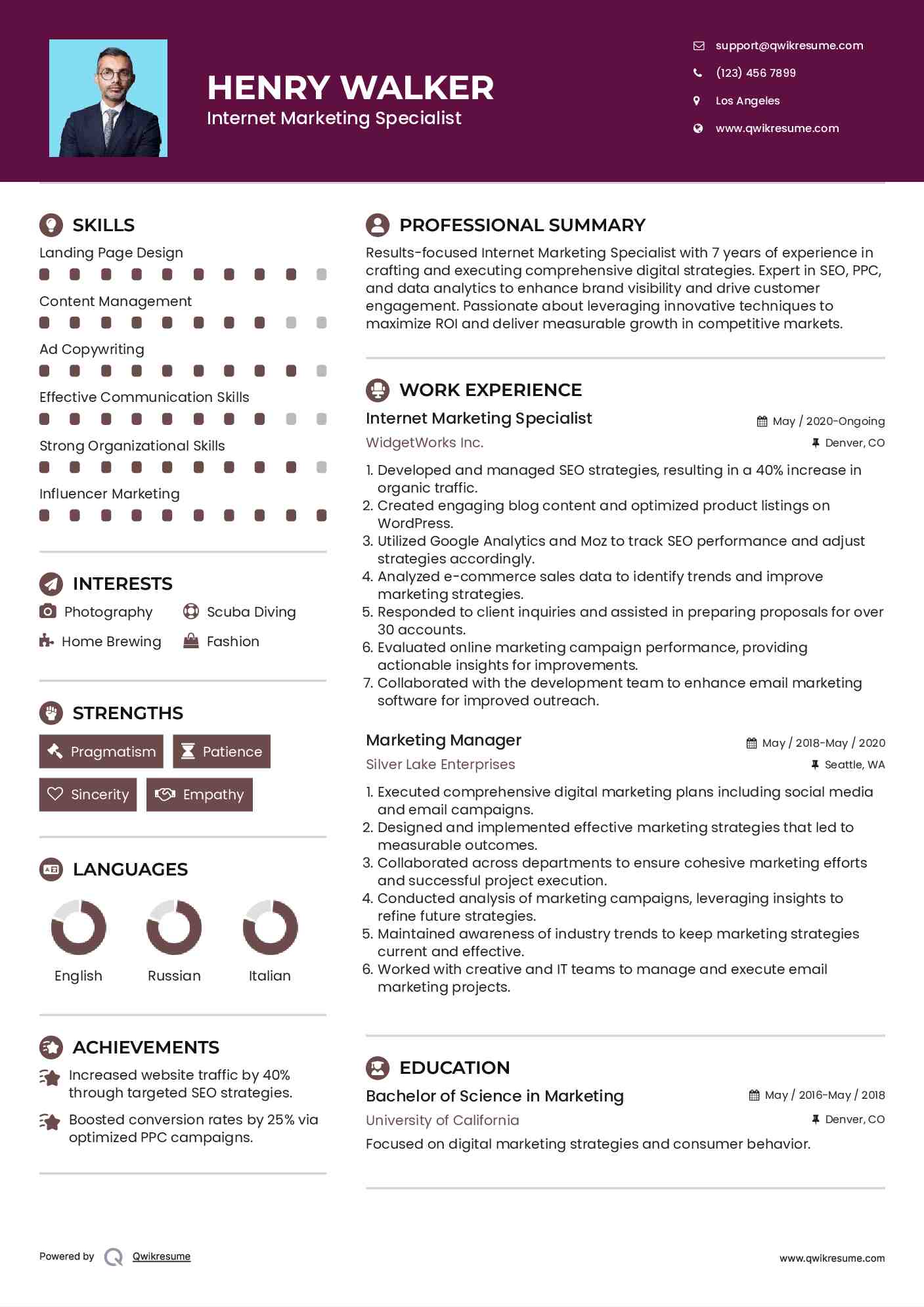 Internet Marketing Specialist  Resume Model