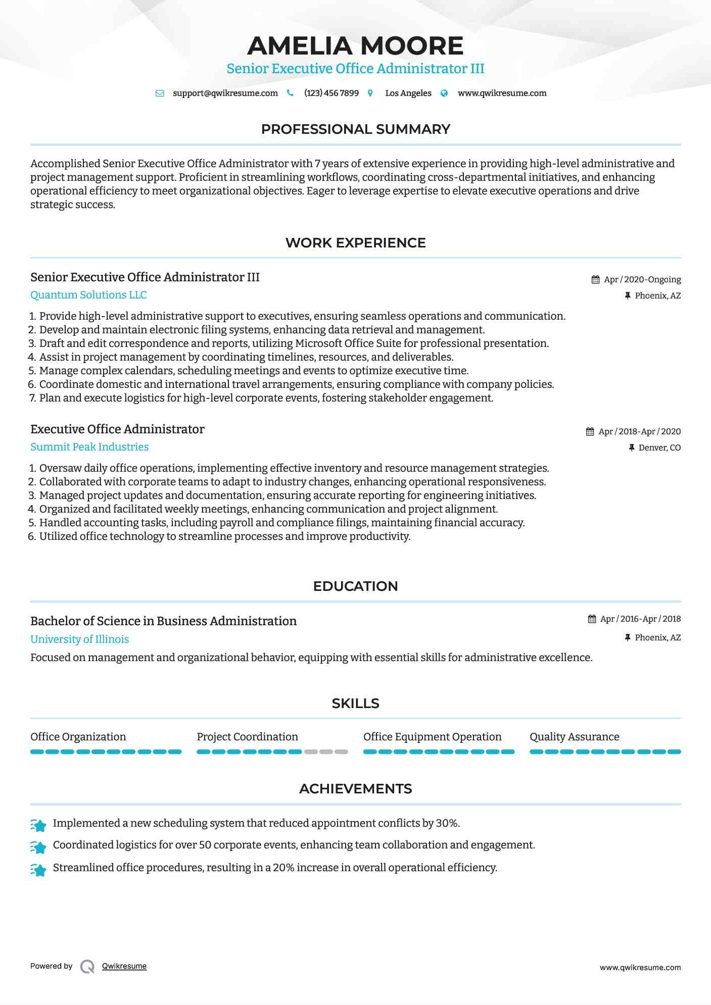 Senior Executive Office Administrator III Resume Sample