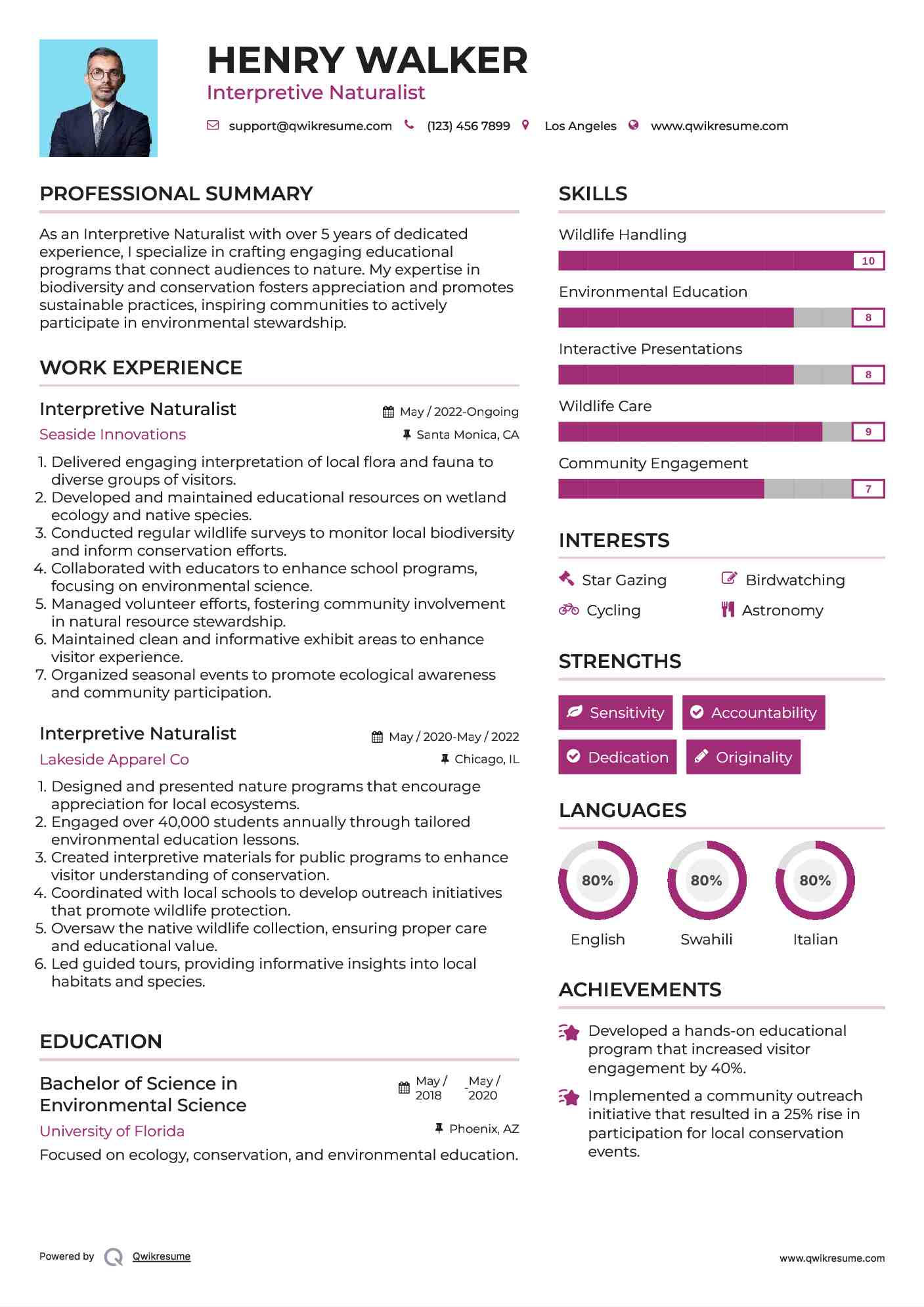 Interpretive Naturalist Resume Sample