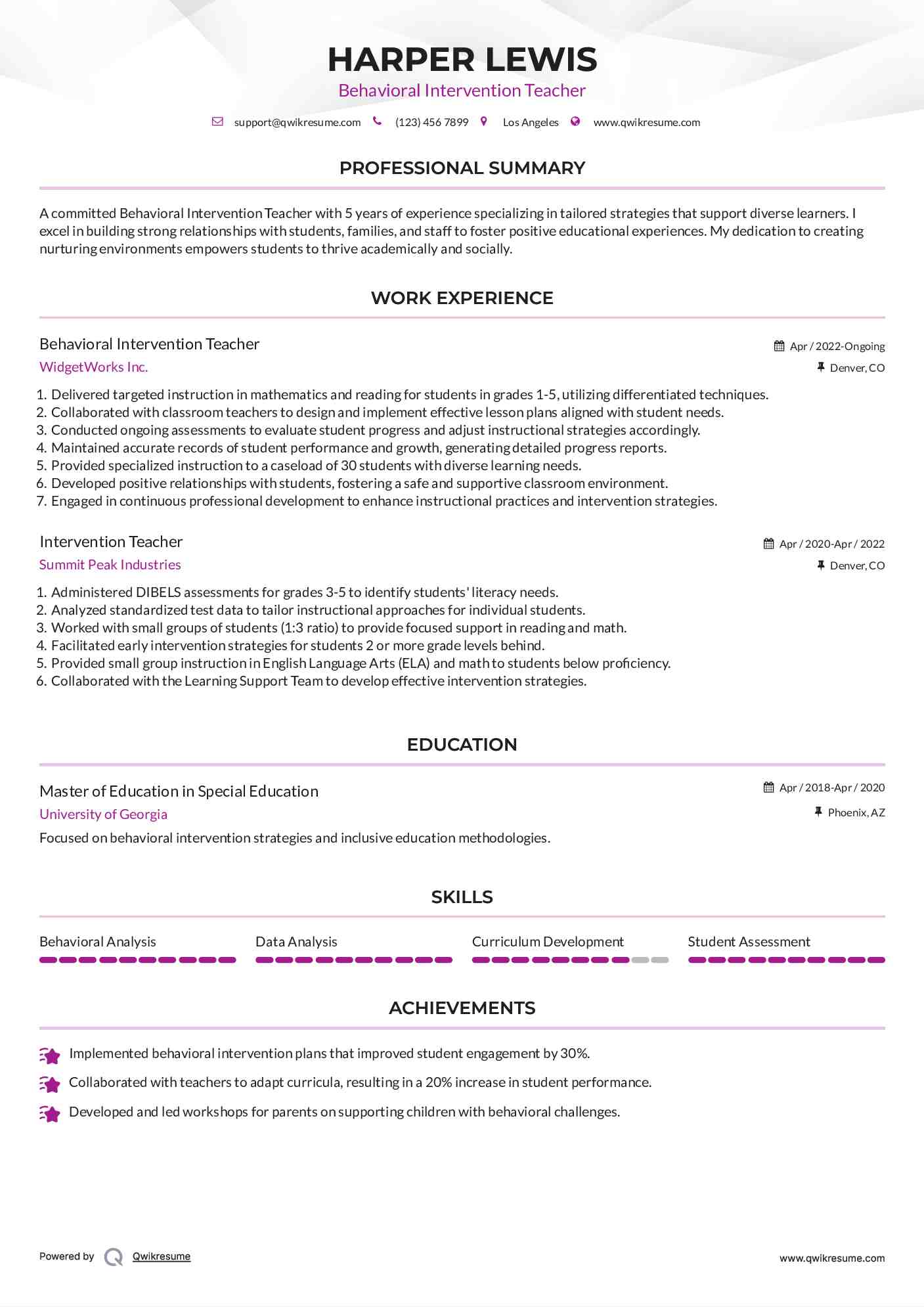 Behavioral Intervention Teacher Resume Example