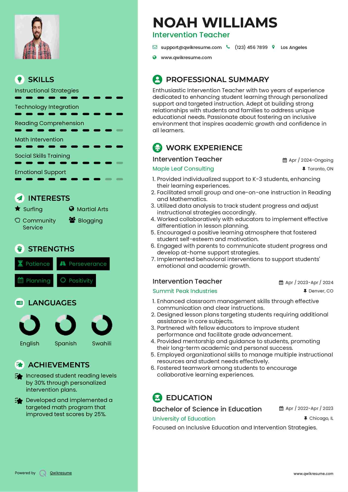 Intervention Teacher Resume Format