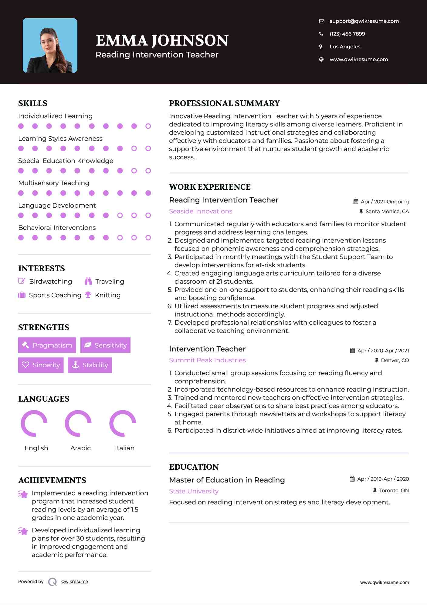 Reading Intervention Teacher Resume Format