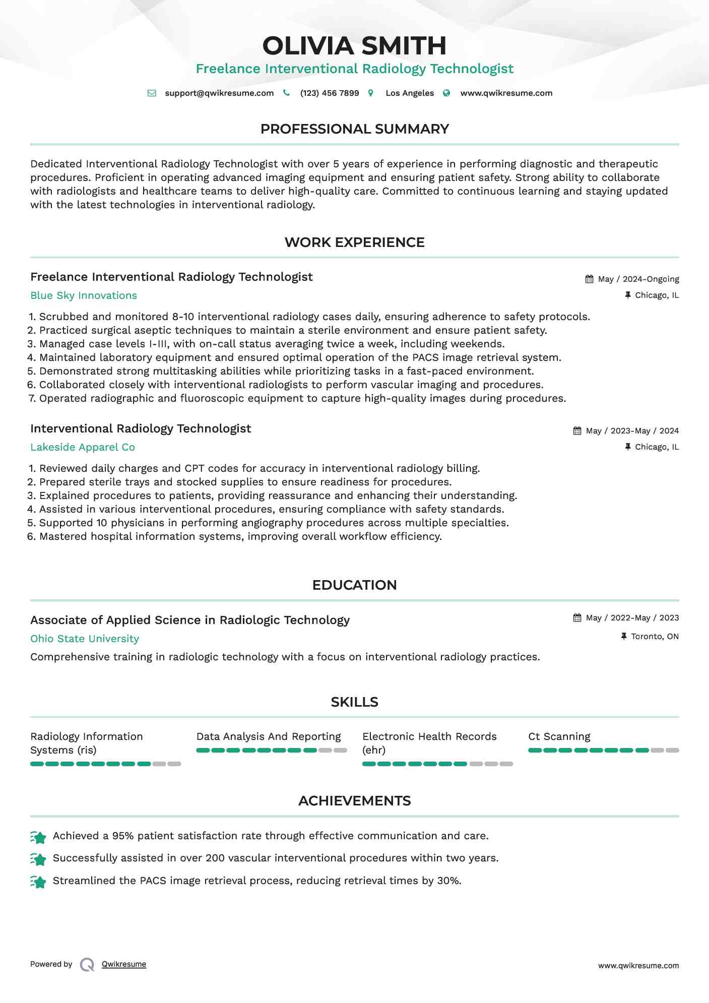 Freelance Interventional Radiology Technologist Resume Sample
