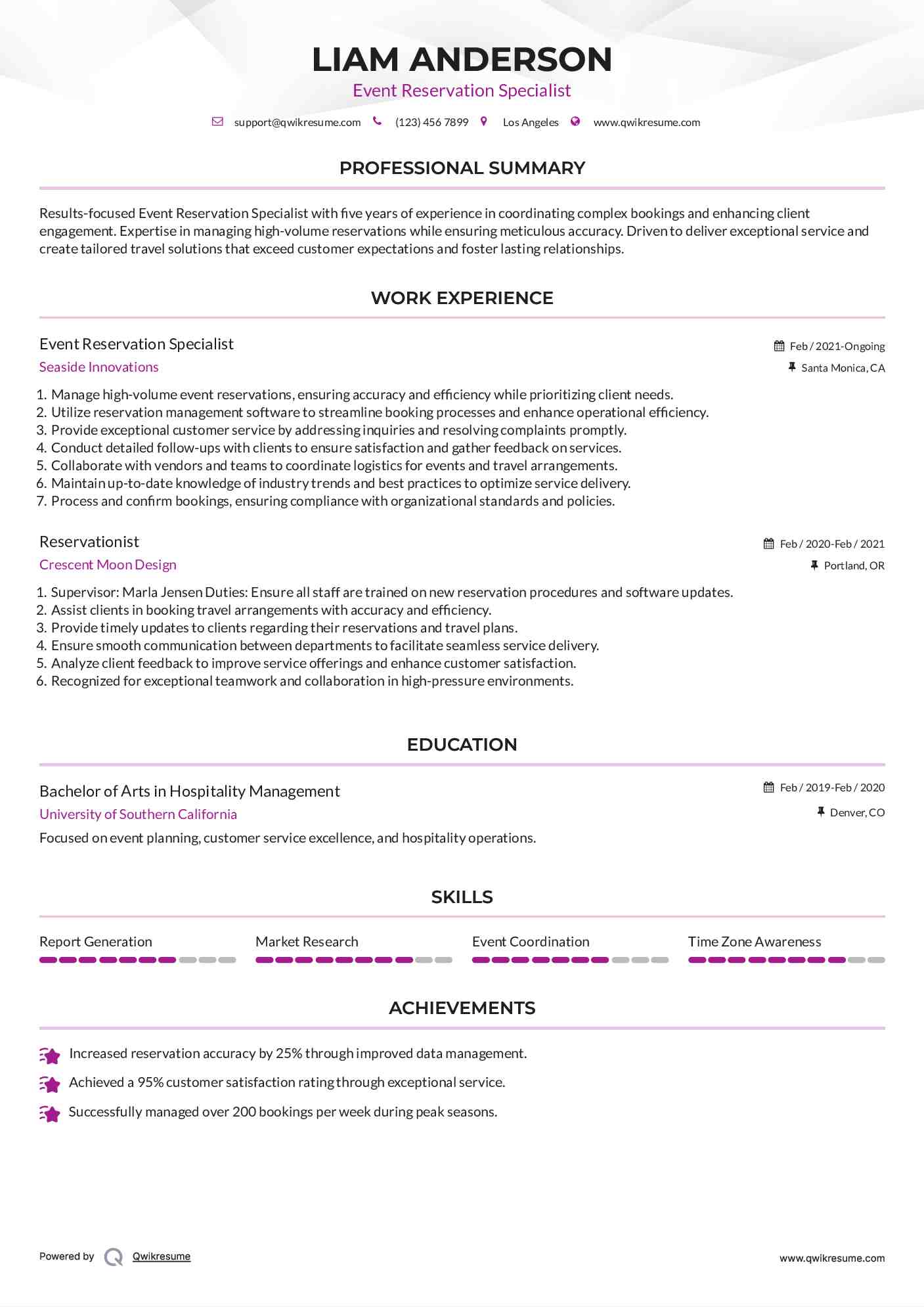 Event Reservation Specialist Resume Example