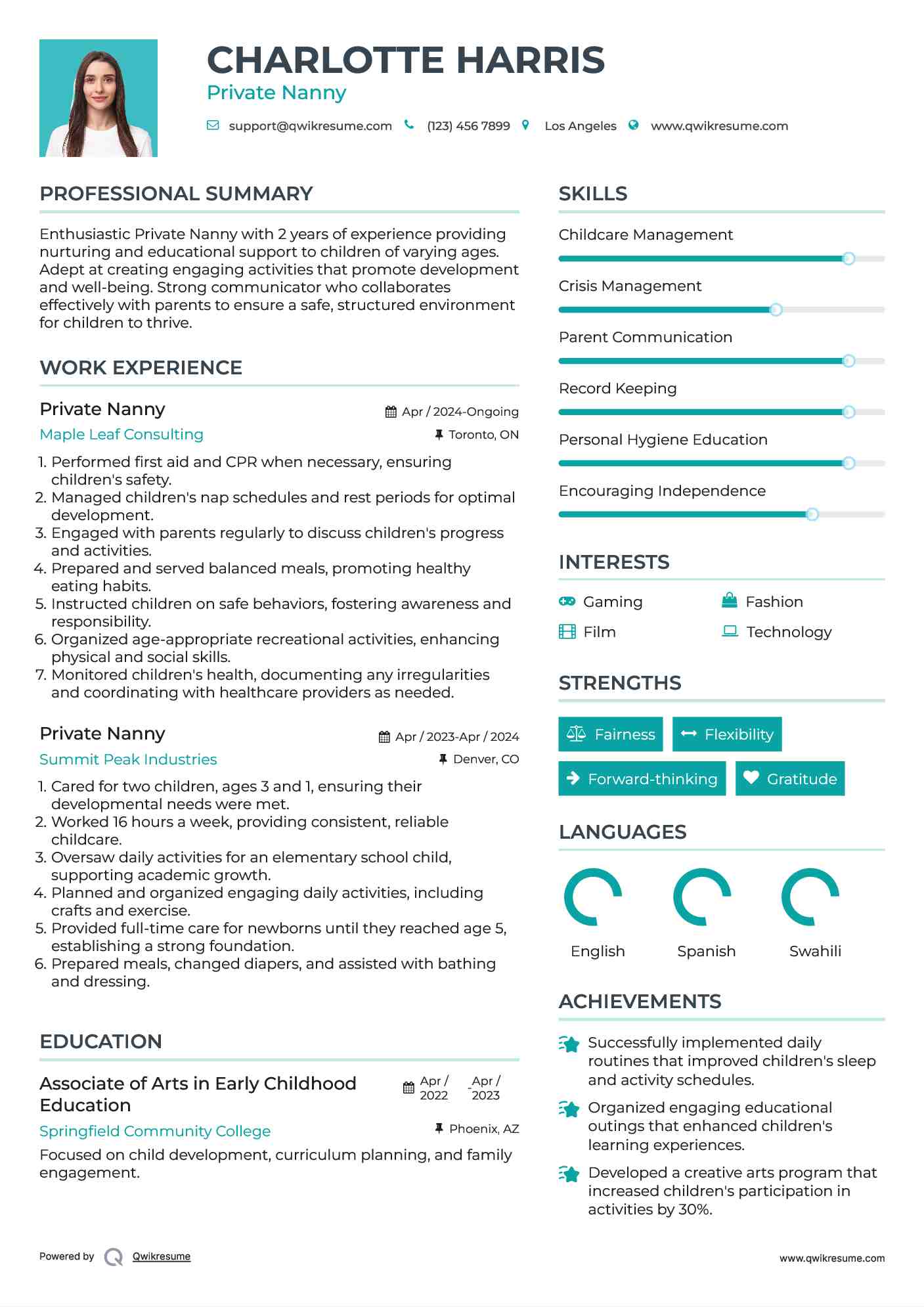 Private Nanny Resume Model