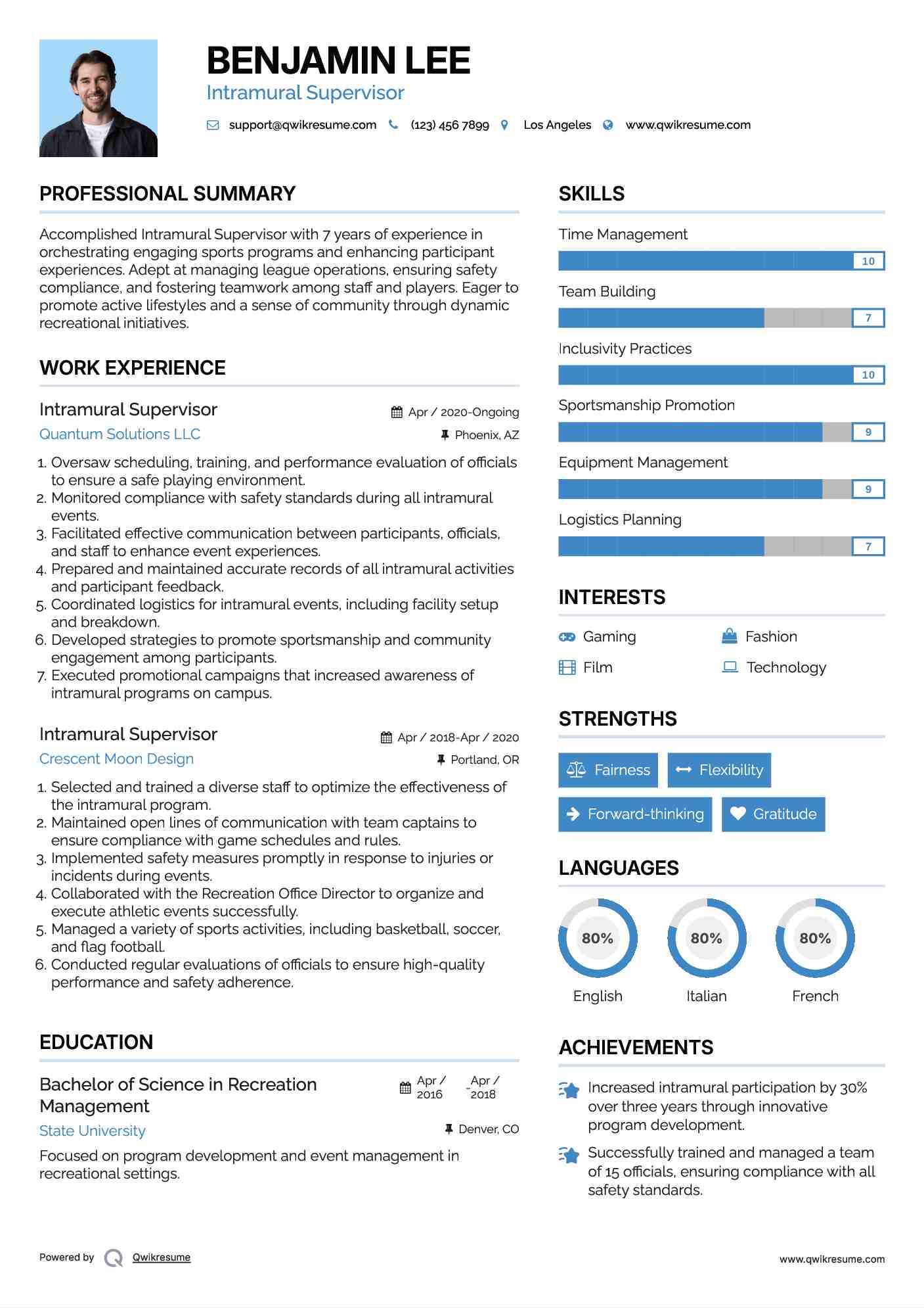 Intramural Supervisor Resume Example