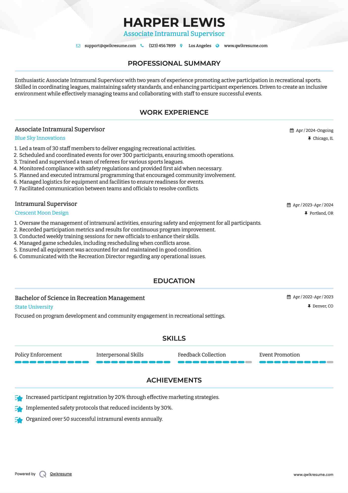 Associate Intramural Supervisor Resume Template