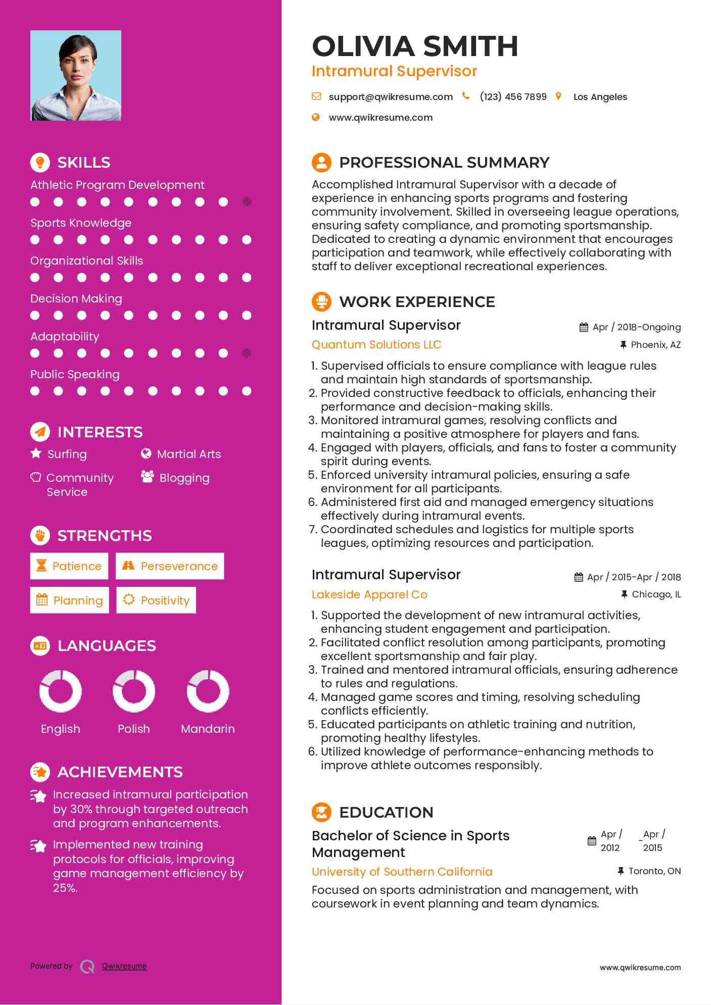 Intramural Supervisor Resume Format