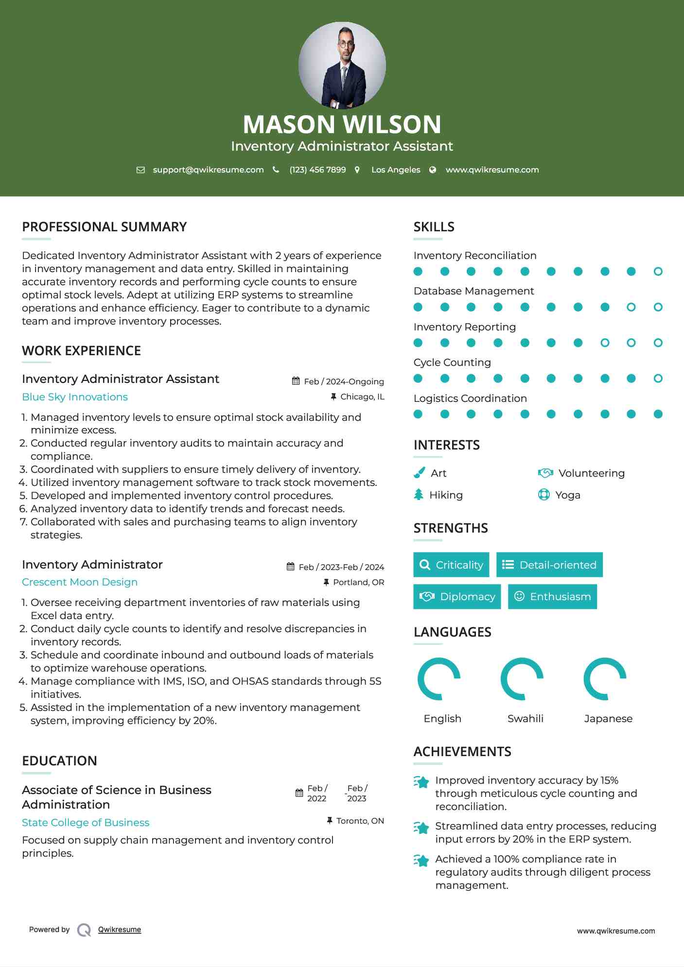 Inventory Administrator Assistant Resume Example