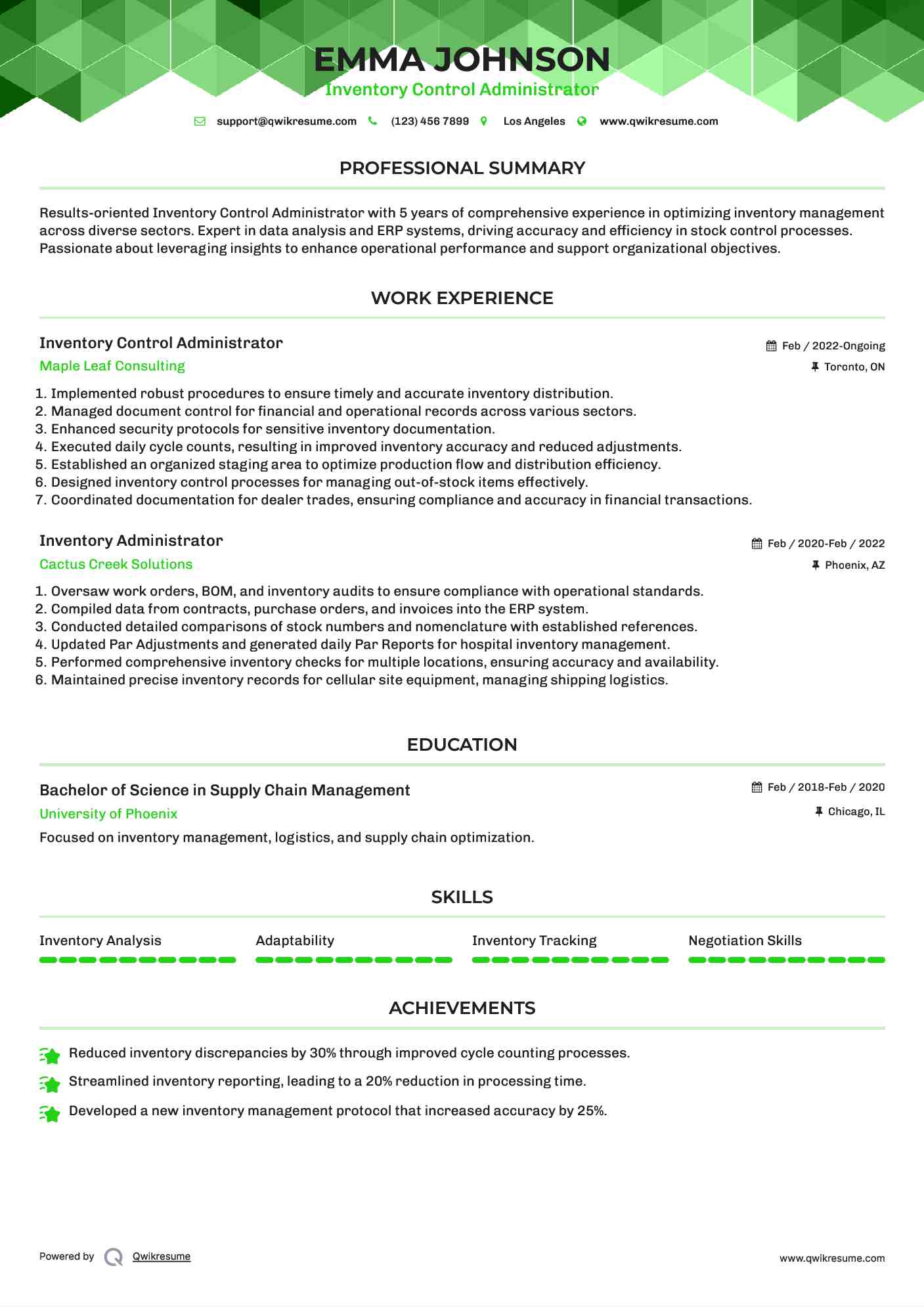 Inventory Control Administrator Resume Sample