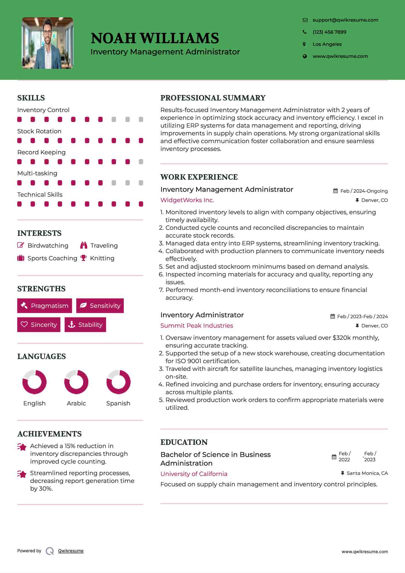 Inventory Management Administrator Resume Example