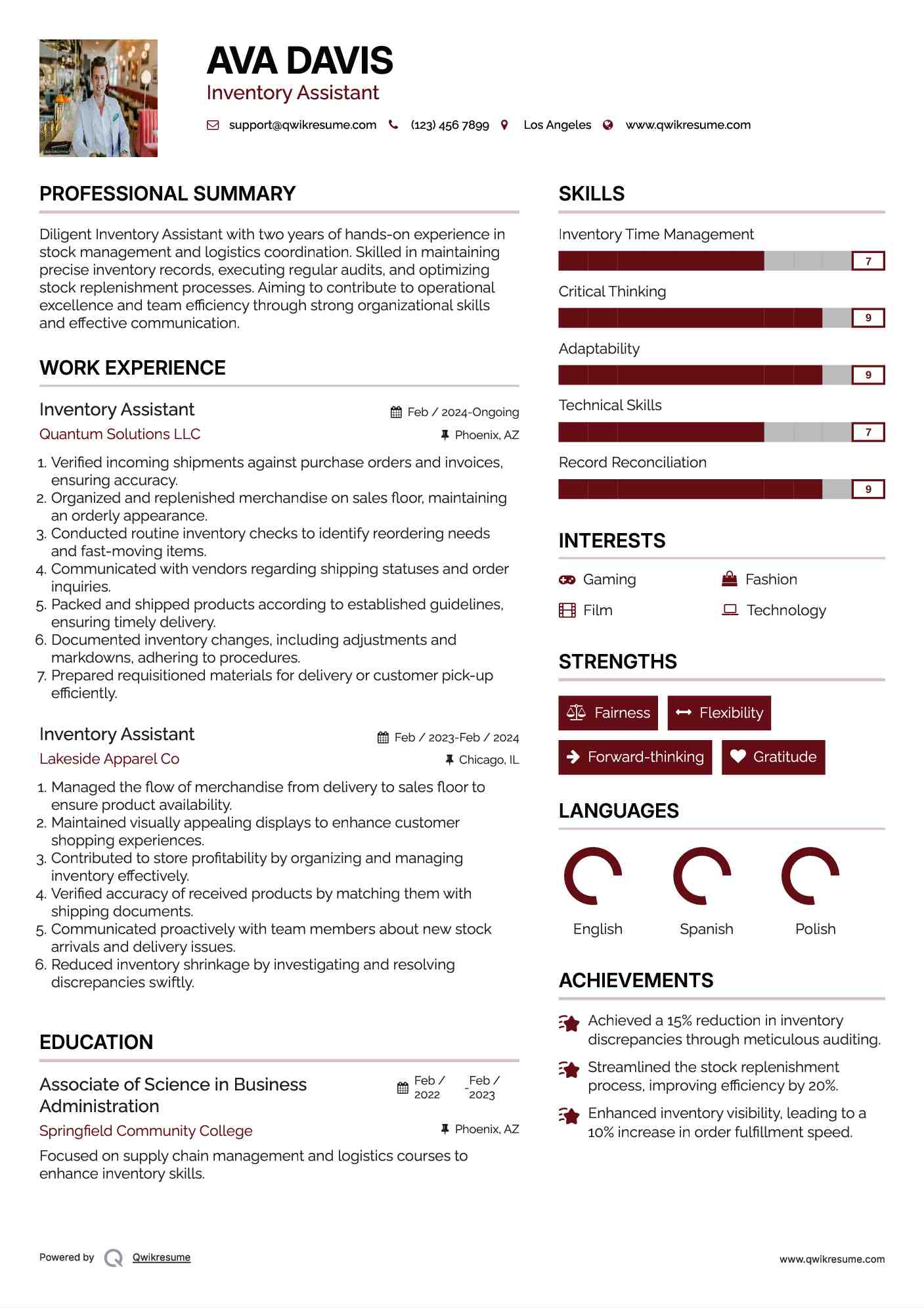 Inventory Assistant Resume Template