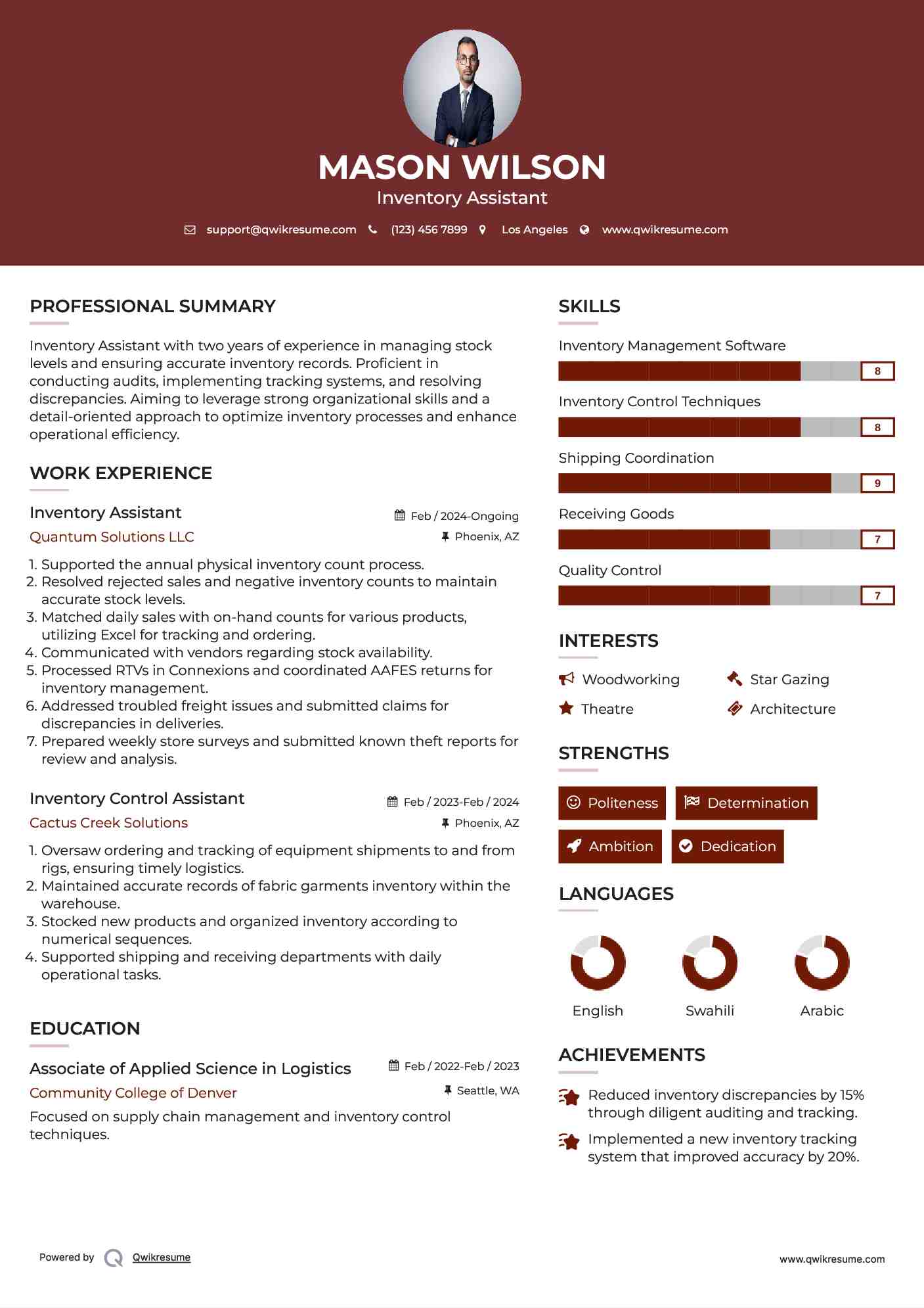 Inventory Assistant Resume Sample