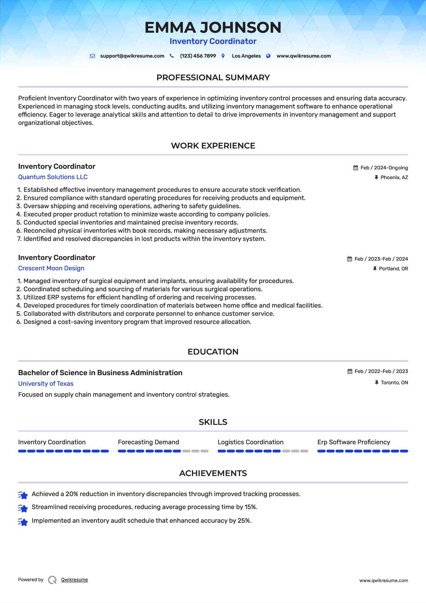 Inventory Coordinator Resume Template