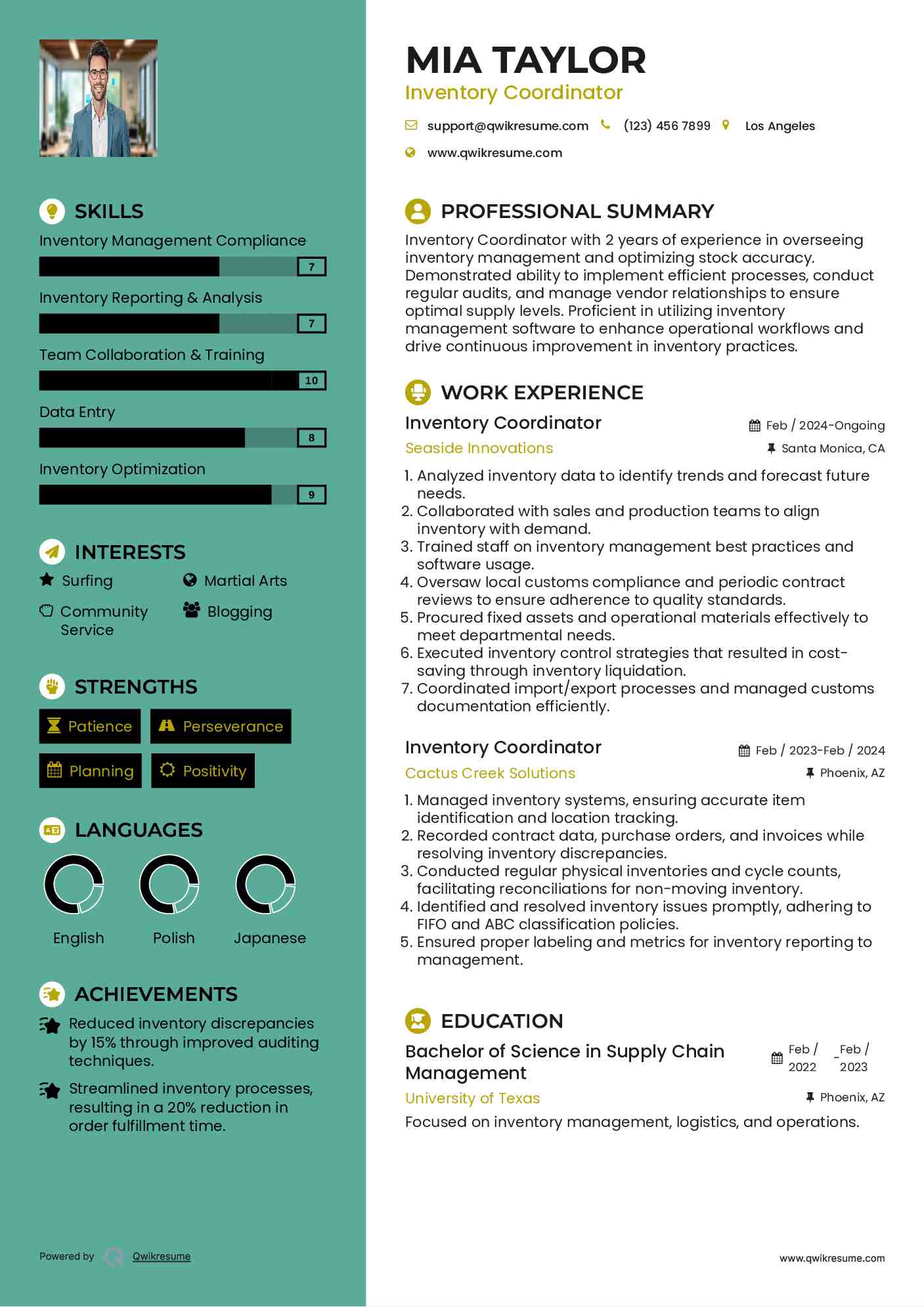 Inventory Coordinator Resume Sample