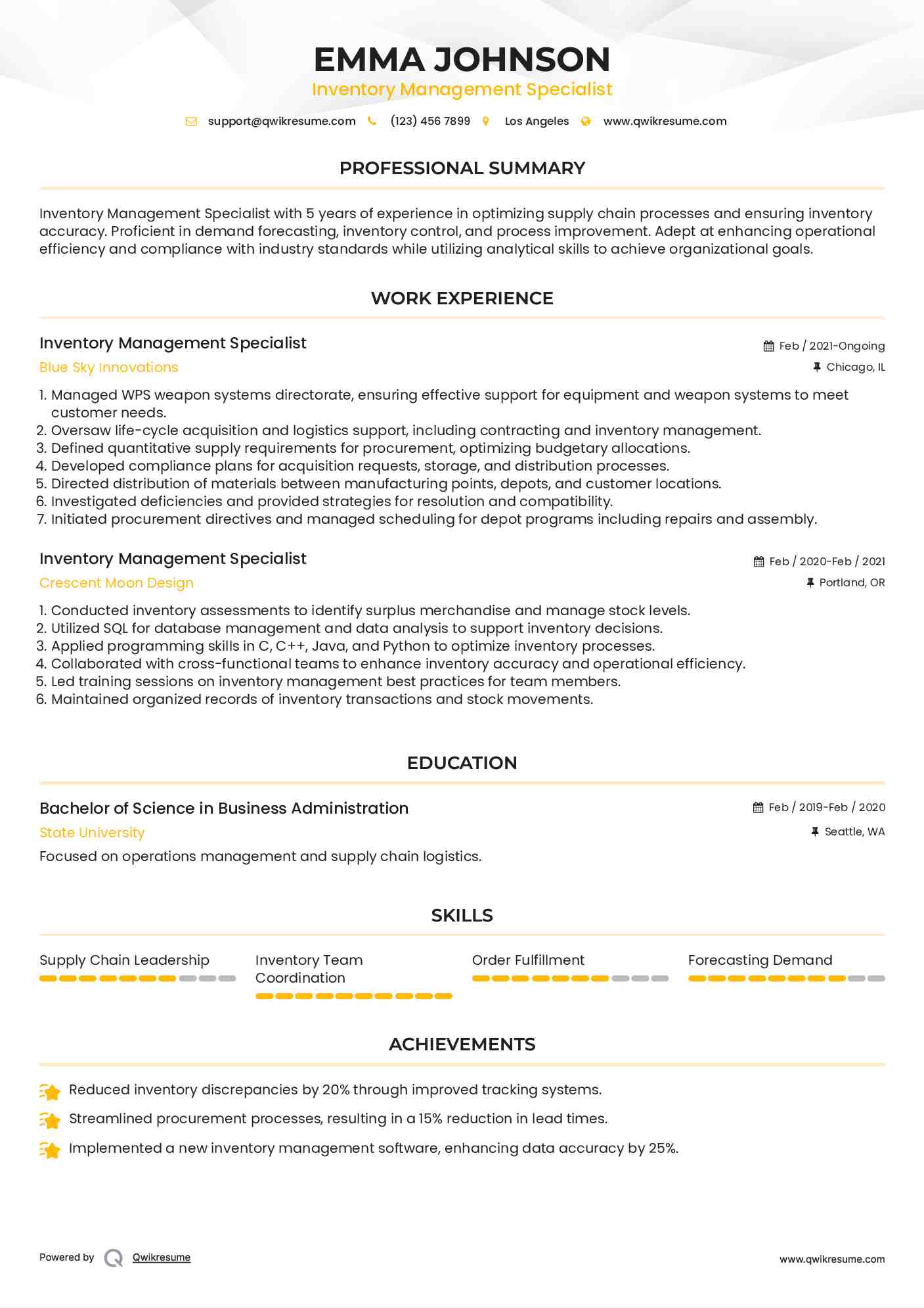 Inventory Management Specialist Resume Format