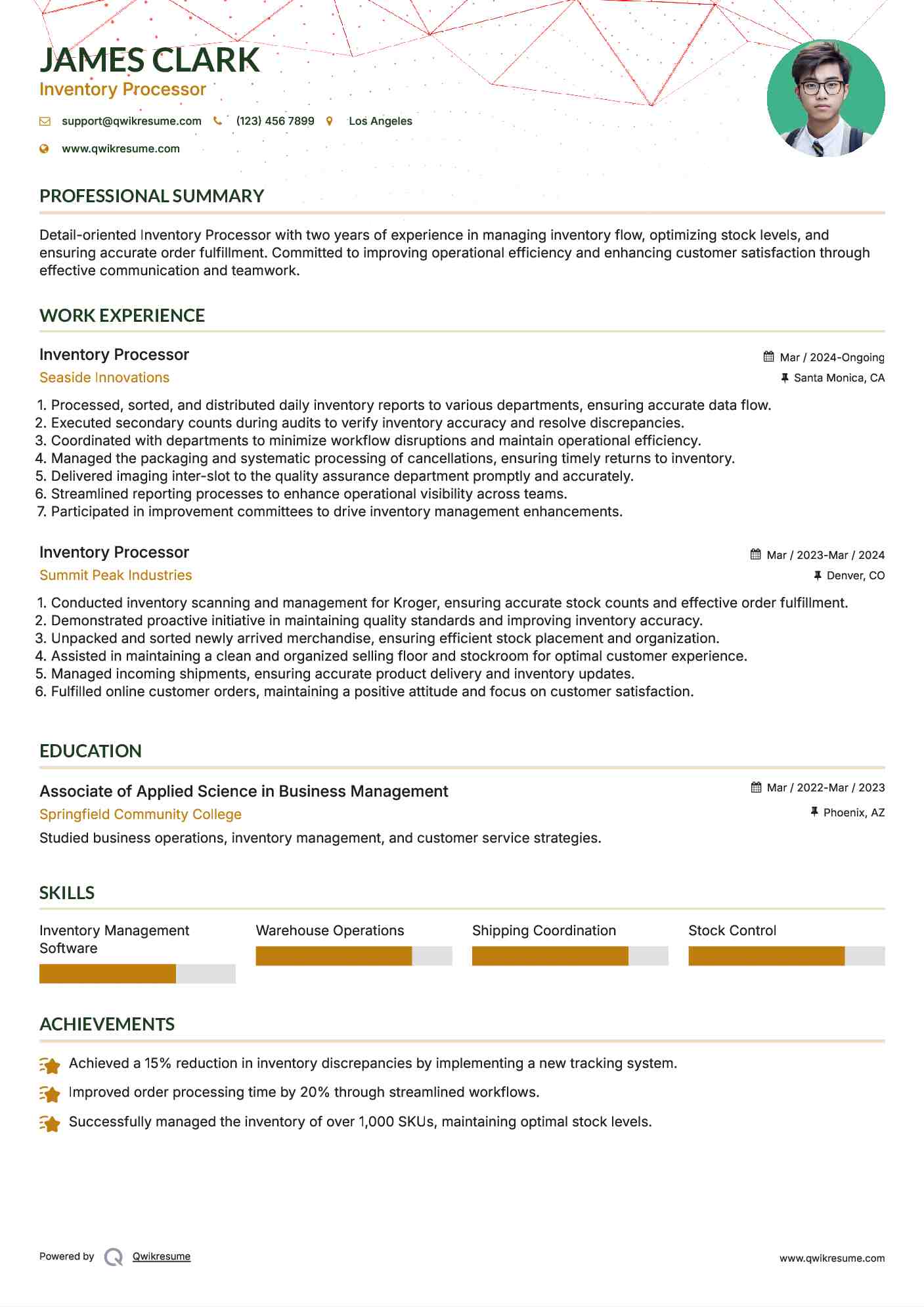 Inventory Processor Resume Example