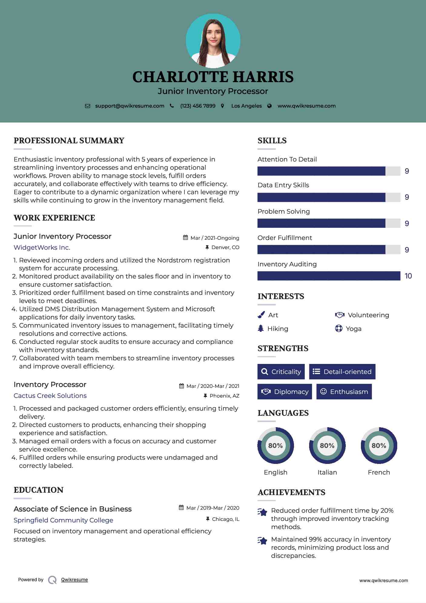 Junior Inventory Processor Resume Example
