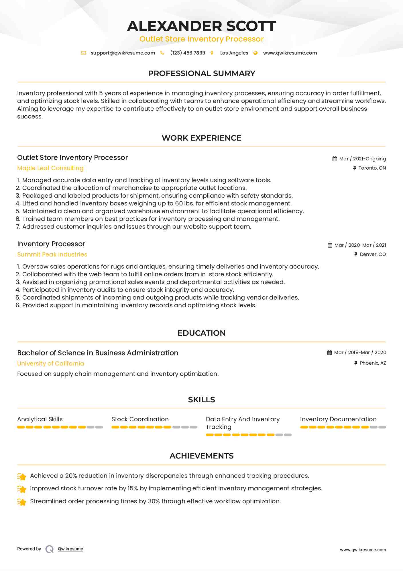 Outlet Store Inventory Processor
 Resume Example