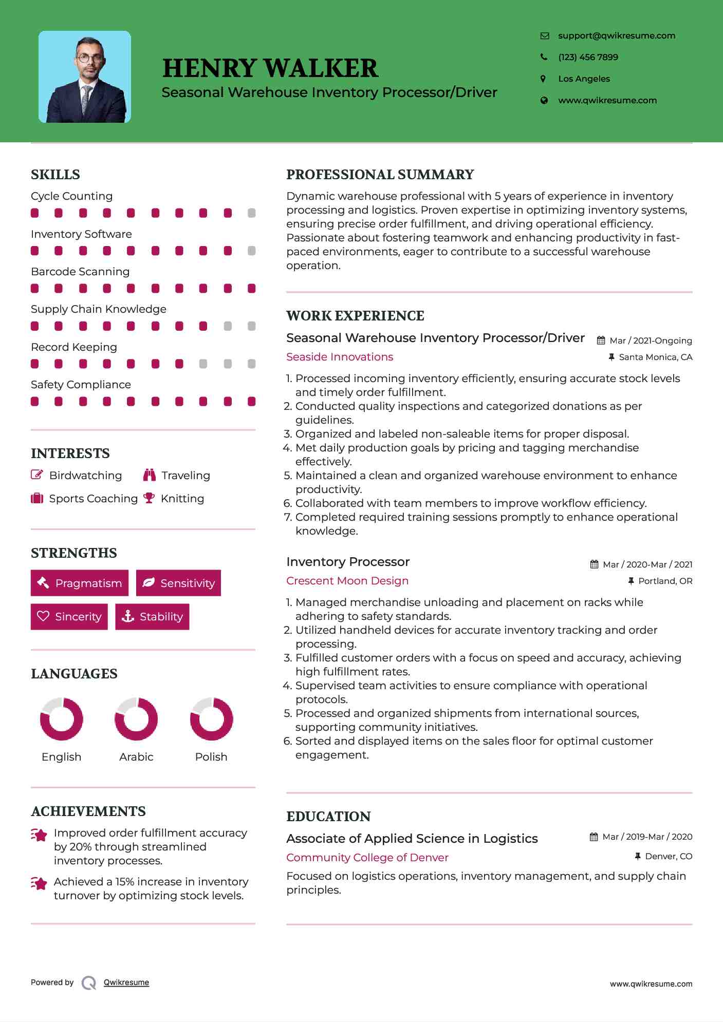 Seasonal Warehouse Inventory Processor/Driver Resume Template