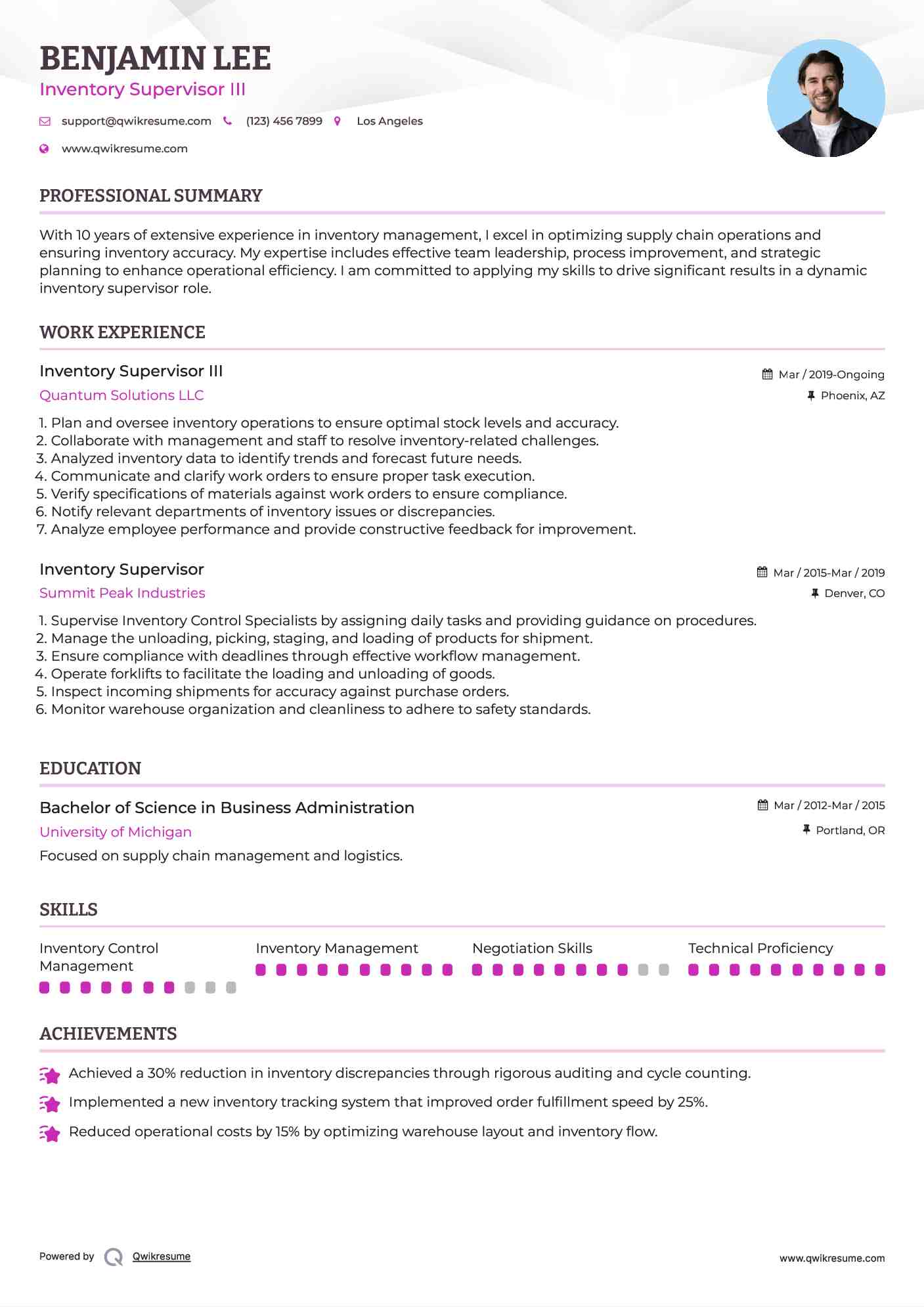Inventory Supervisor III Resume Example