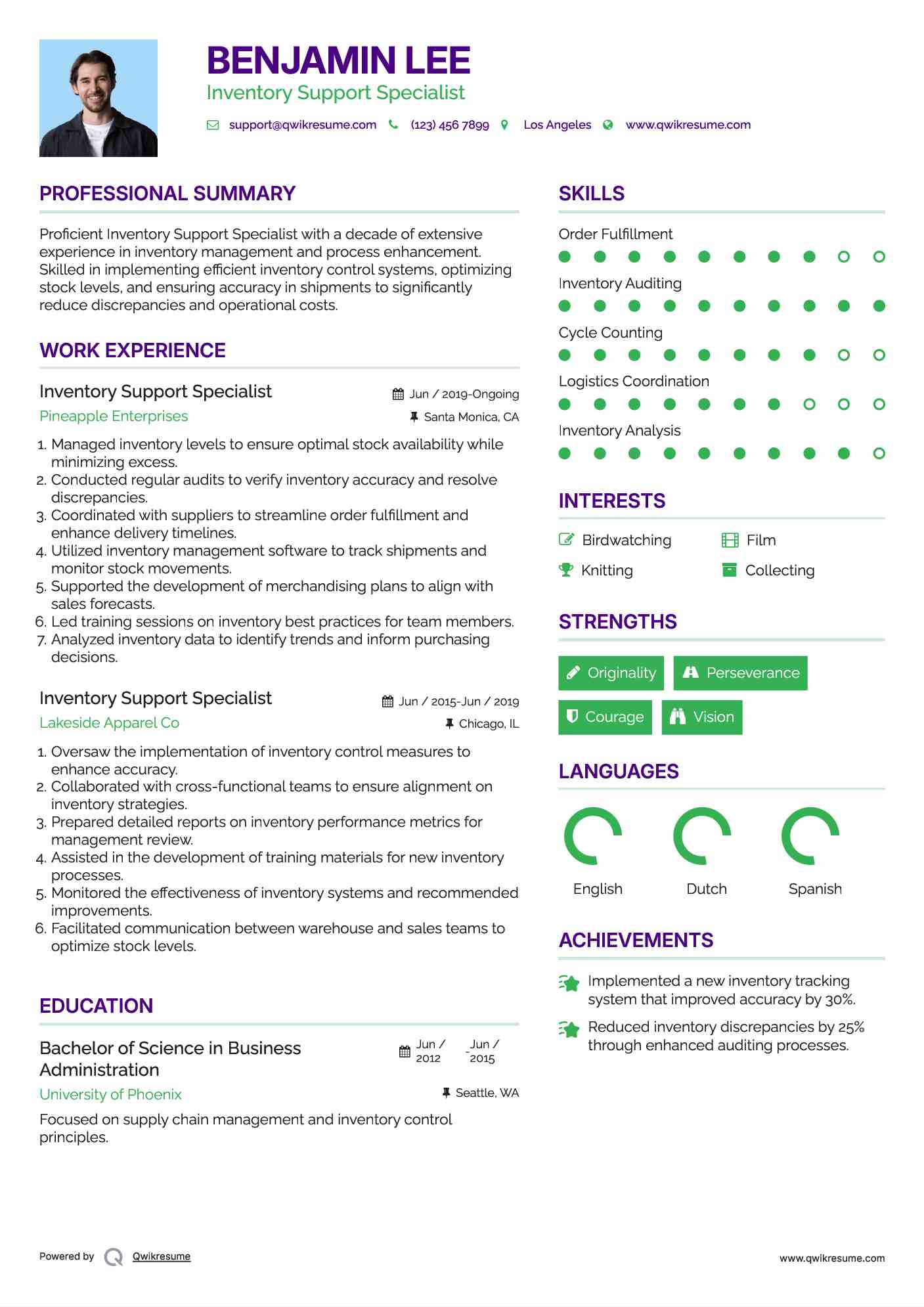 Inventory Support Specialist Resume Example