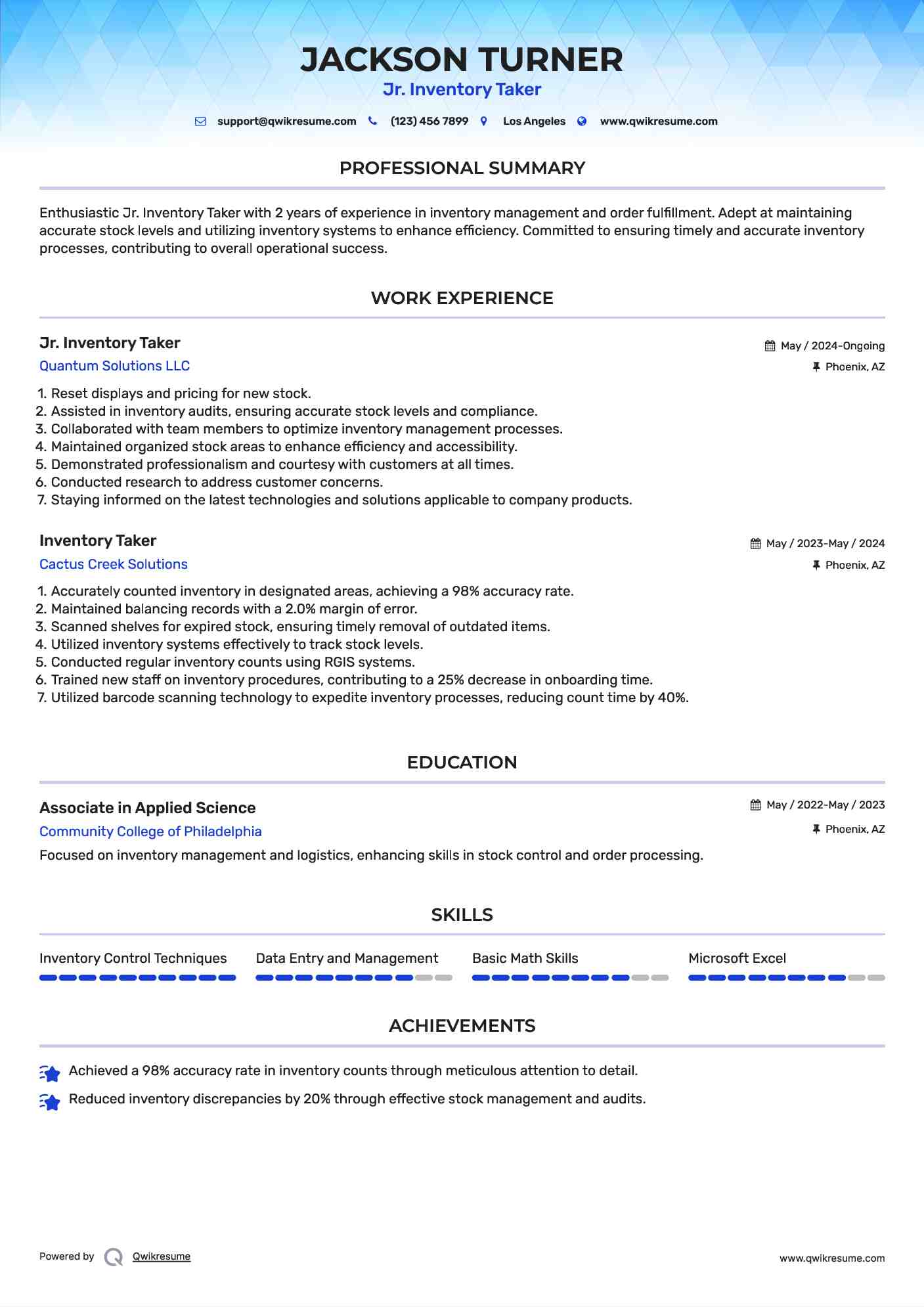 Jr. Inventory Taker Resume Example