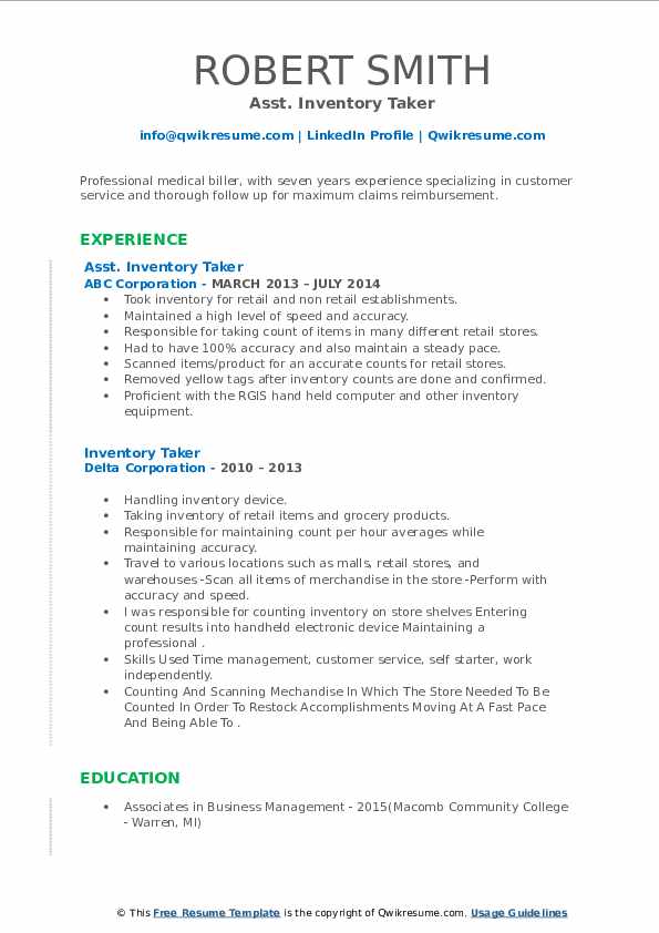 Inventory Taker Resume Samples QwikResume