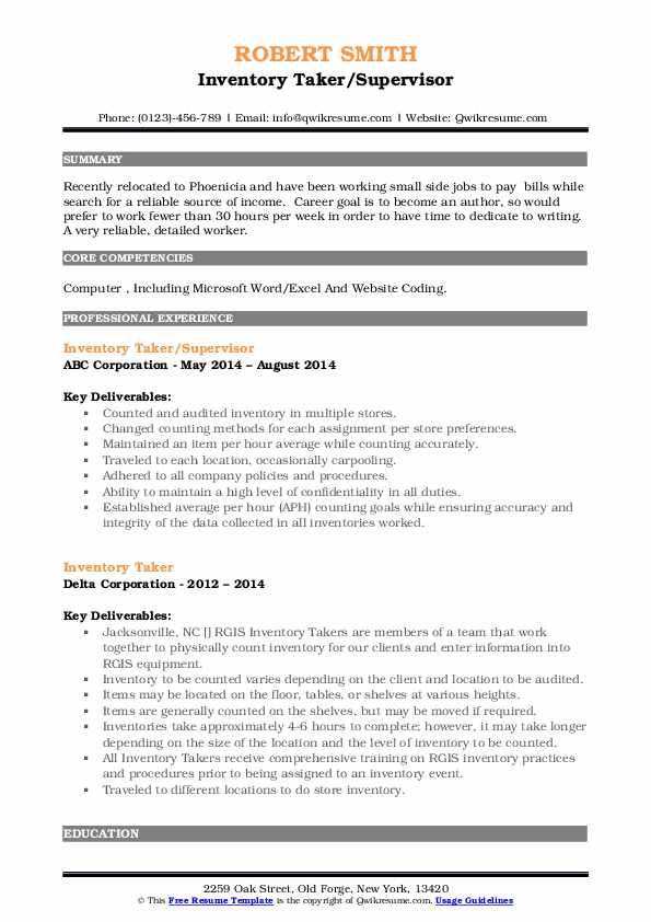 Inventory Taker Resume Samples QwikResume