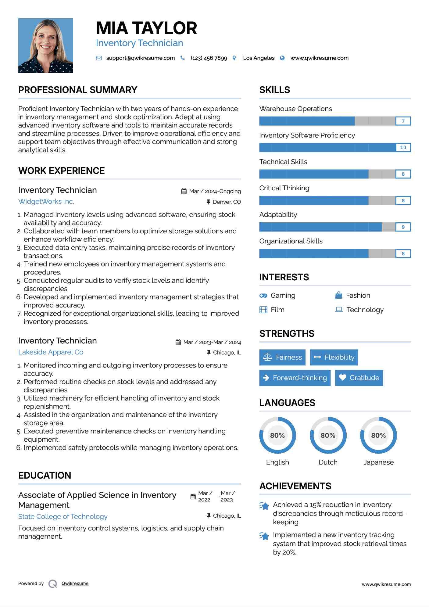Inventory Technician Resume Example
