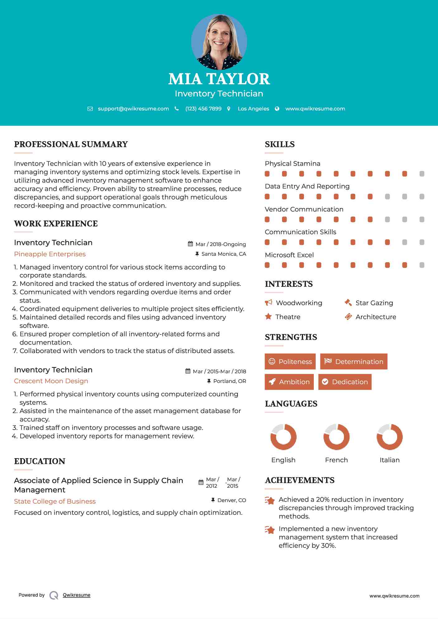 Inventory Technician Resume Sample