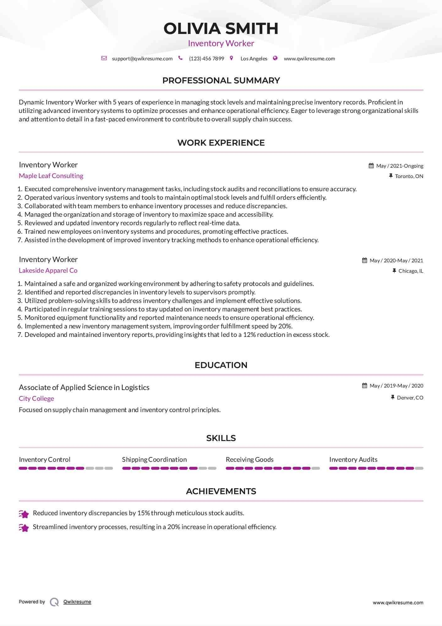 Inventory Worker Resume Model