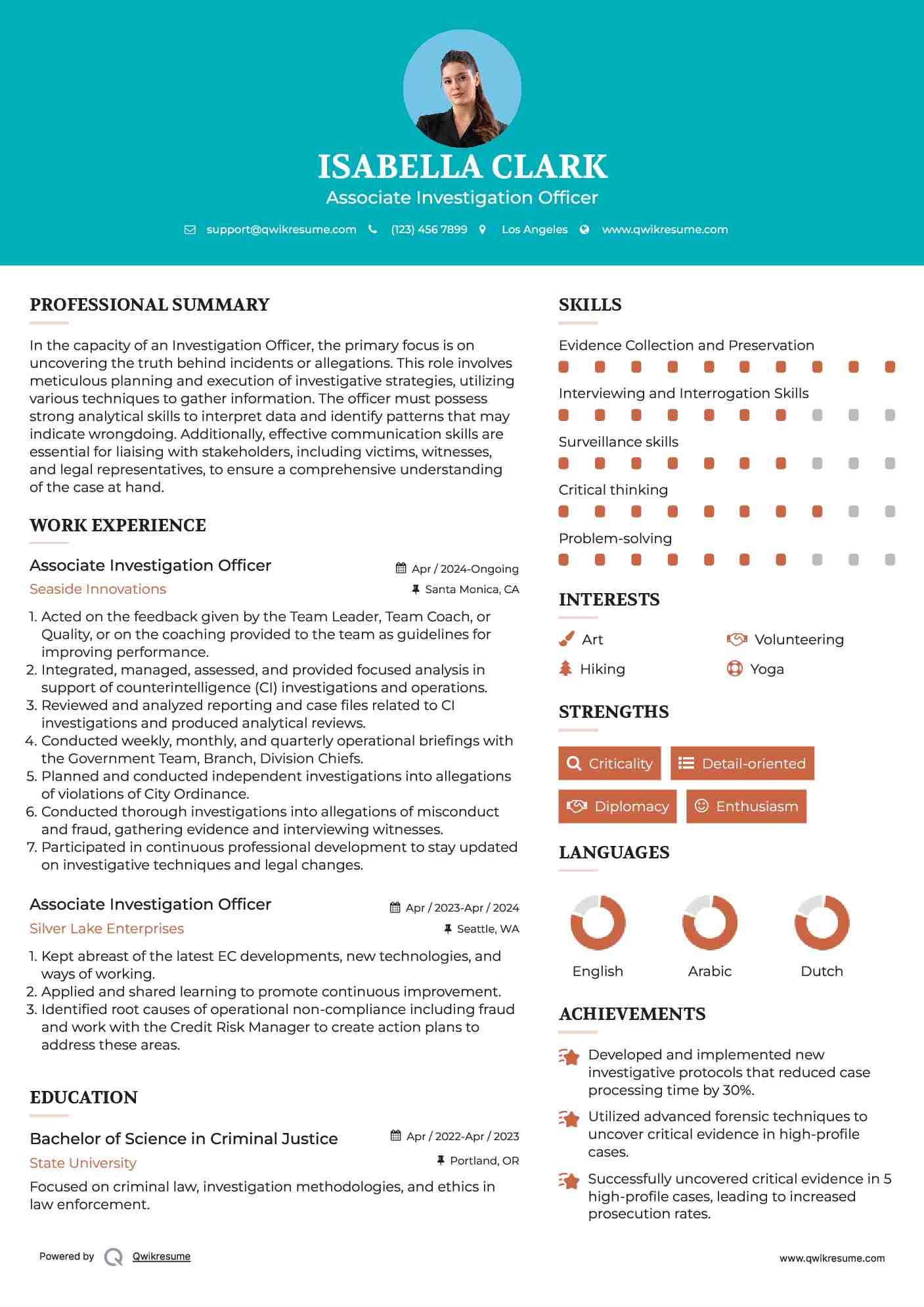 Associate Investigation Officer Resume Sample