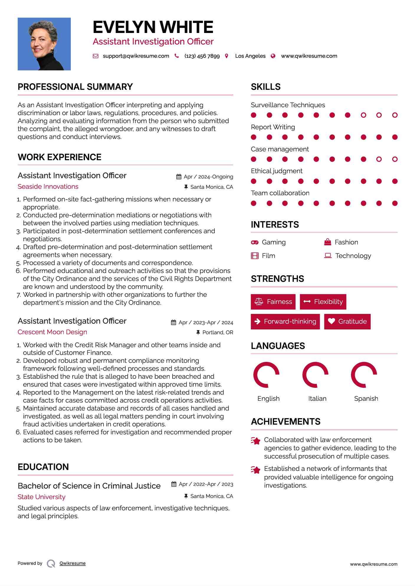 Assistant Investigation Officer Resume Sample
