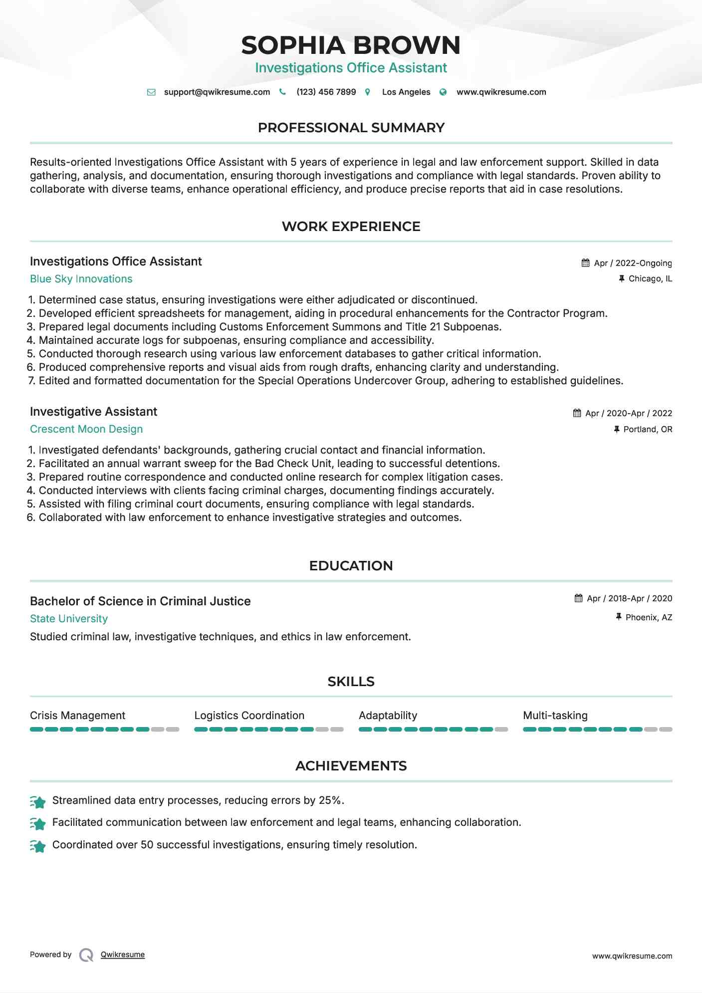 Investigations Office Assistant Resume Format