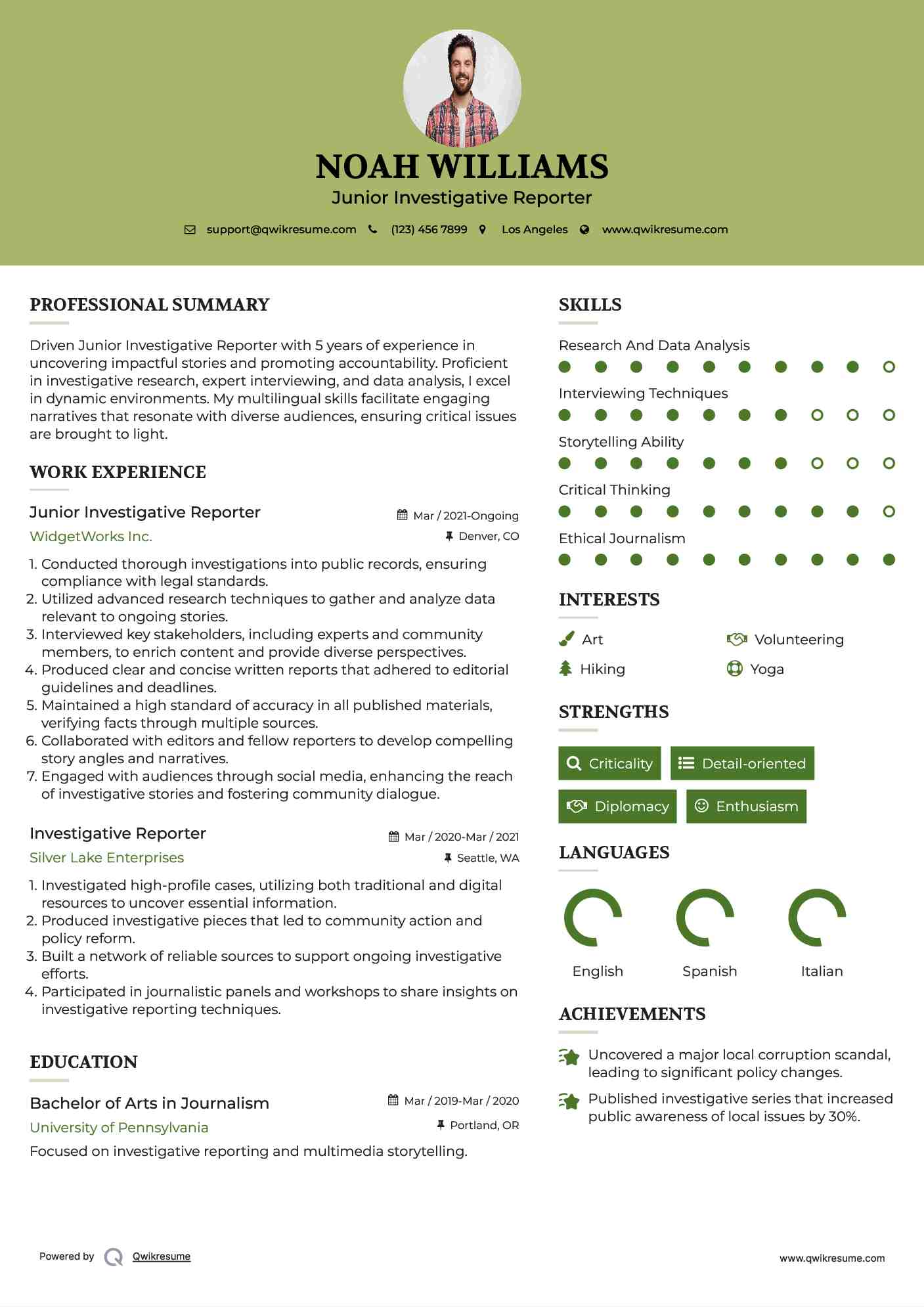 Junior Investigative Reporter Resume Example
