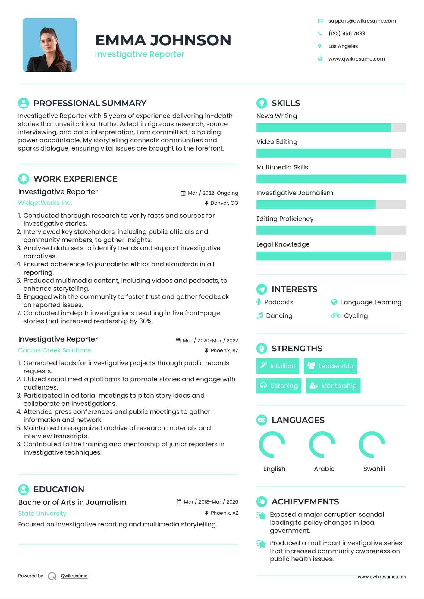 Investigative Reporter Resume Model