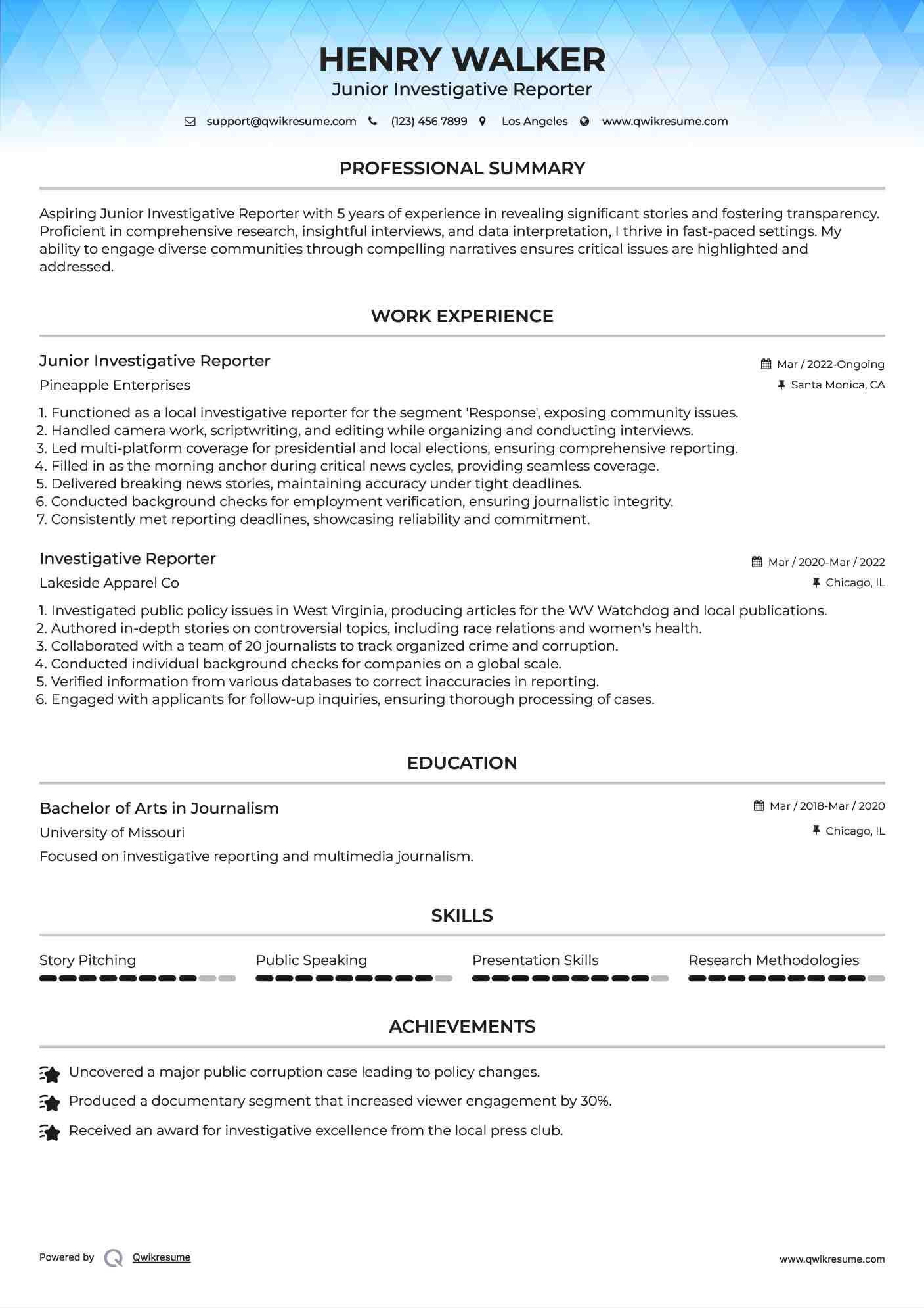 Junior Investigative Reporter Resume Format