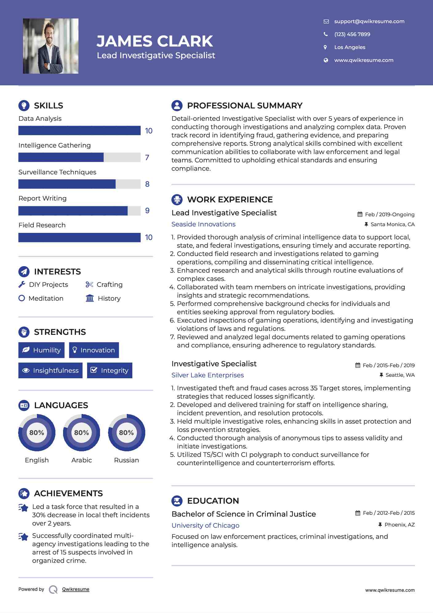 Lead Investigative Specialist Resume Example