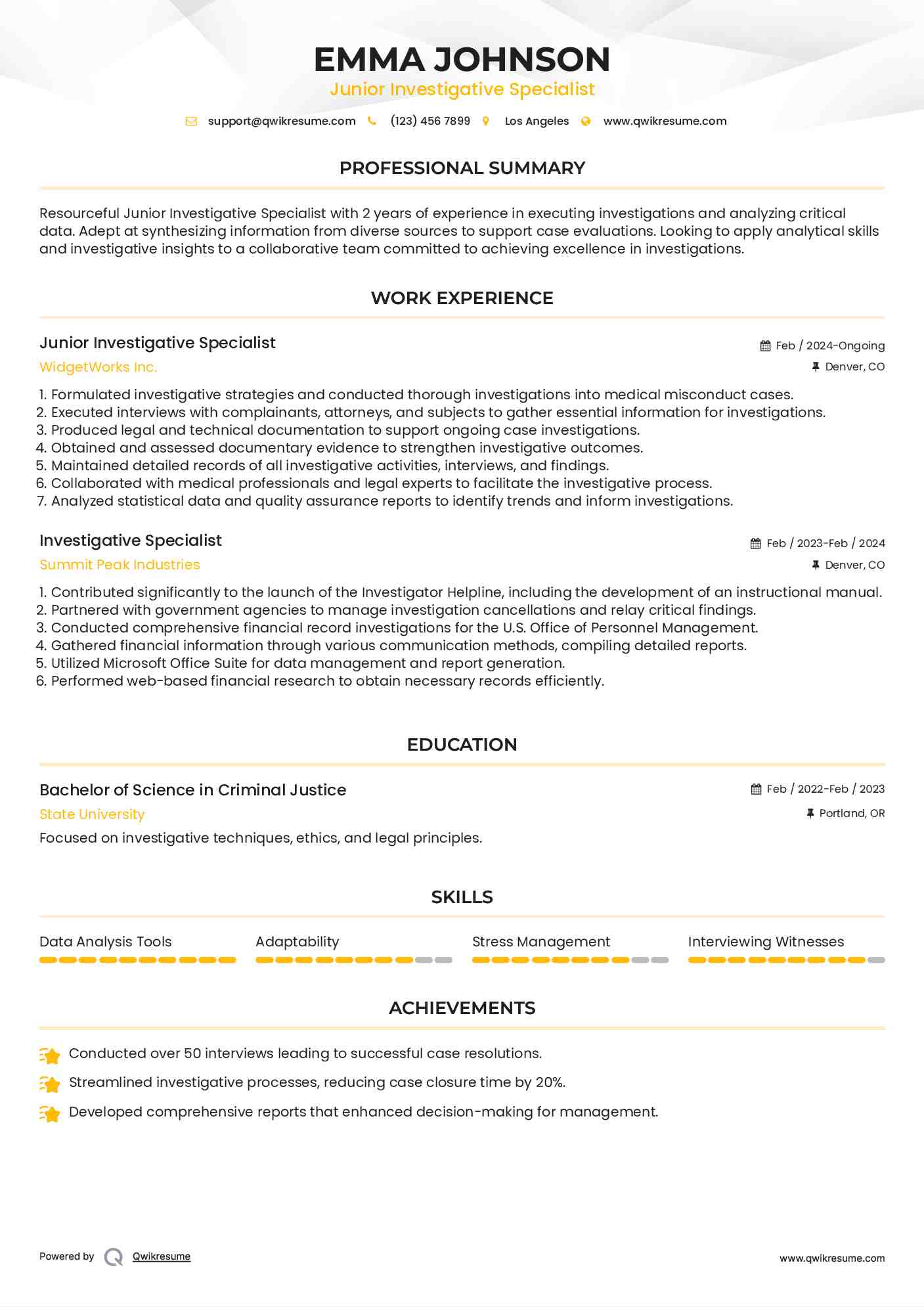 Junior Investigative Specialist Resume Example