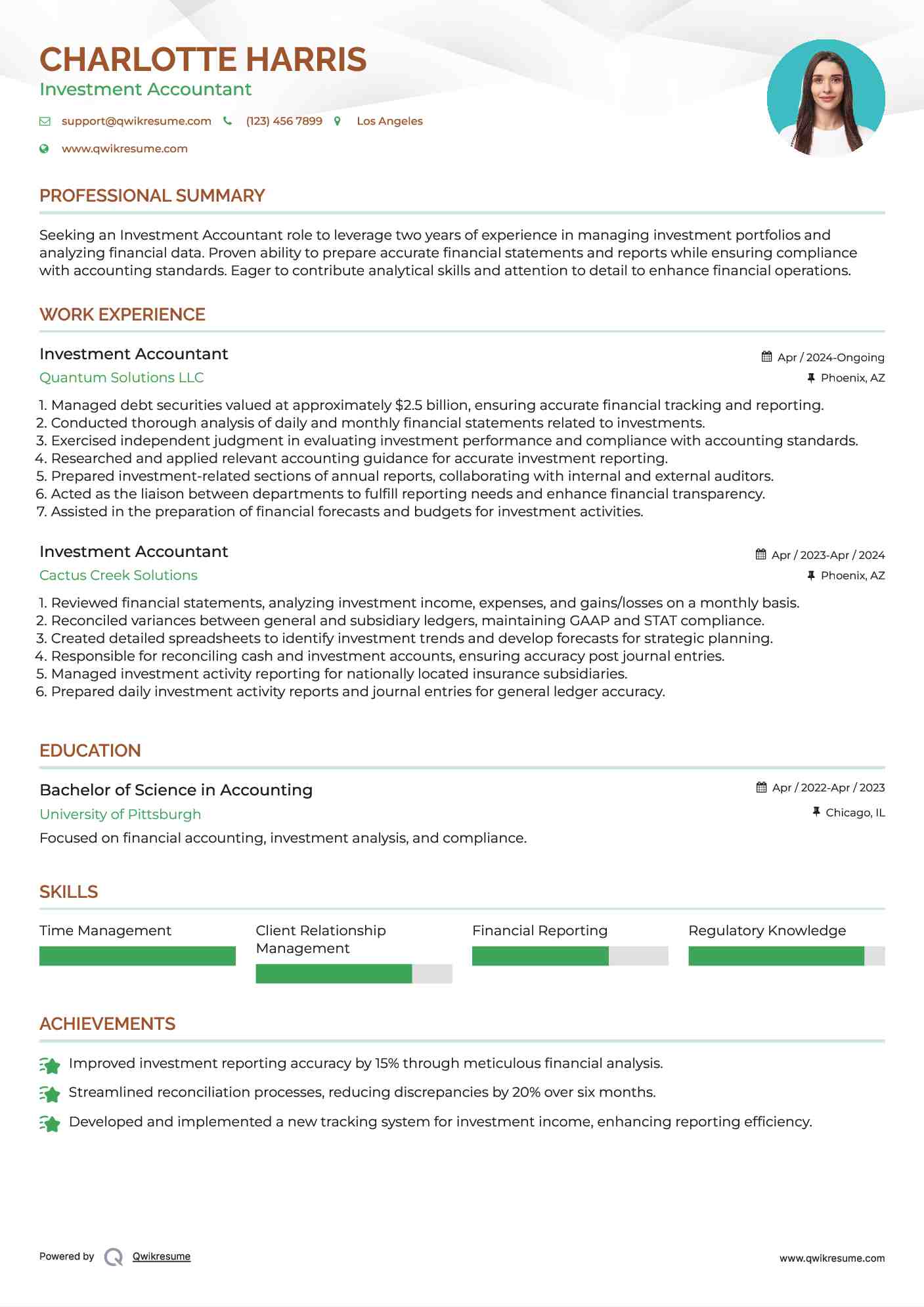 Investment Accountant Resume Example