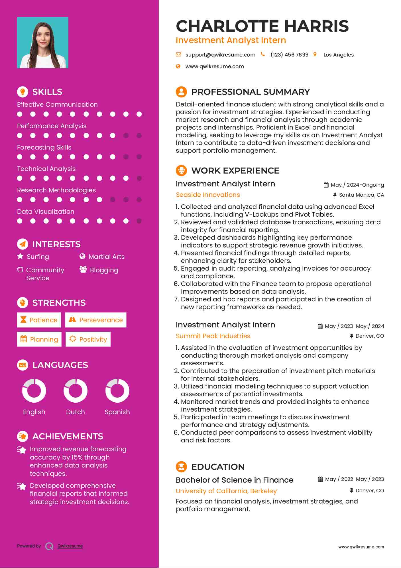 Investment Analyst Intern Resume Format