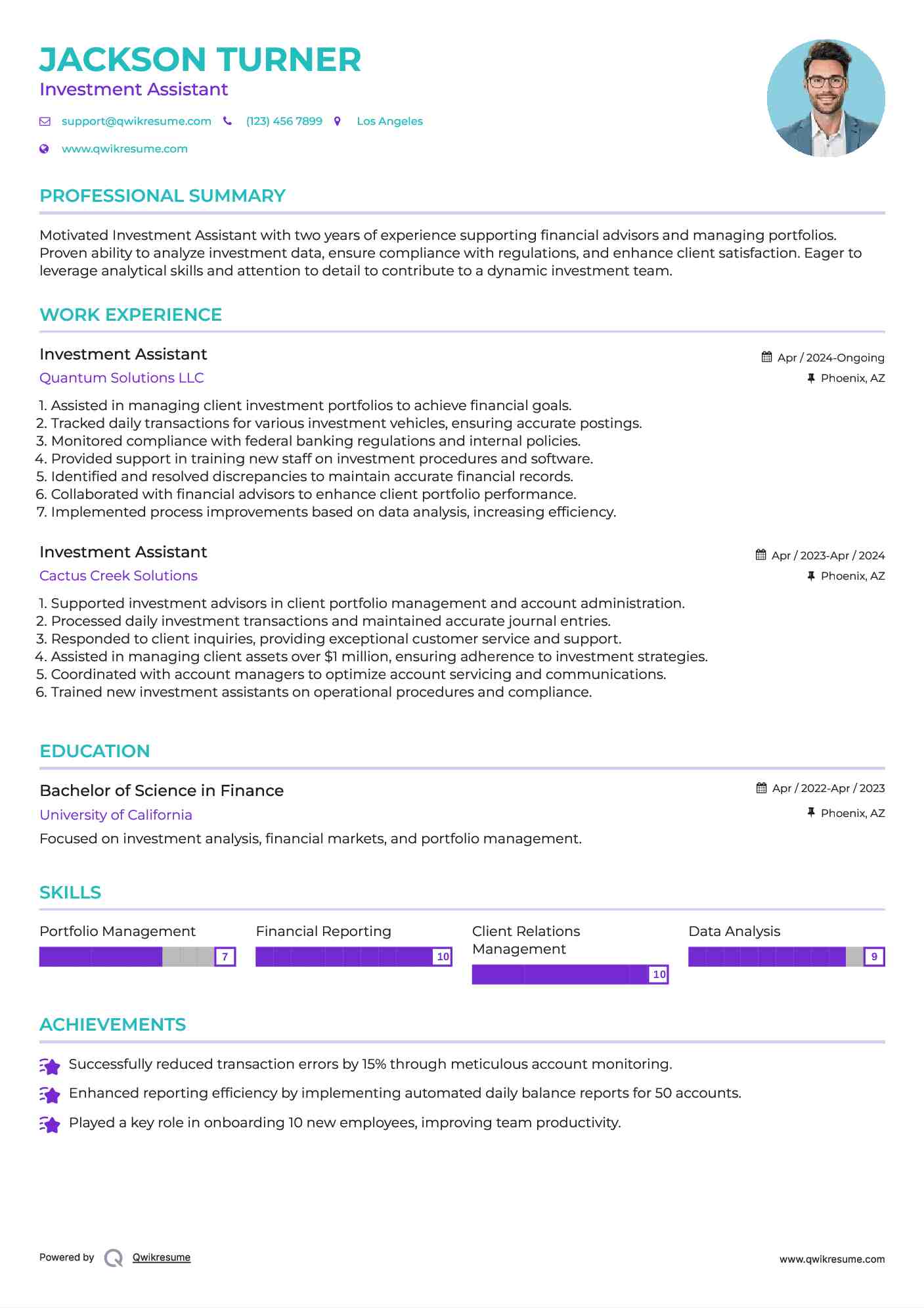 Investment Assistant Resume Model