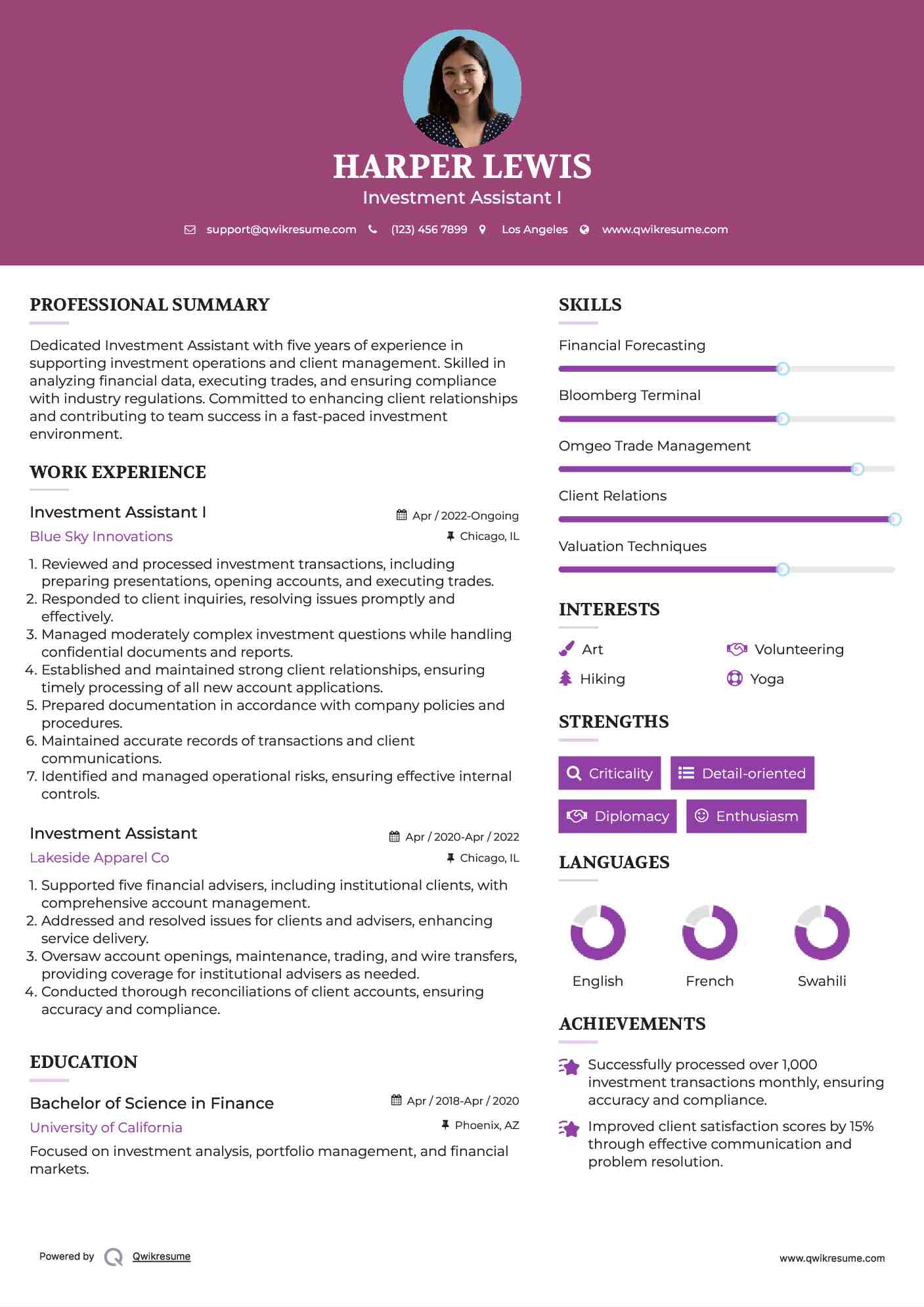 Investment Assistant I Resume Model